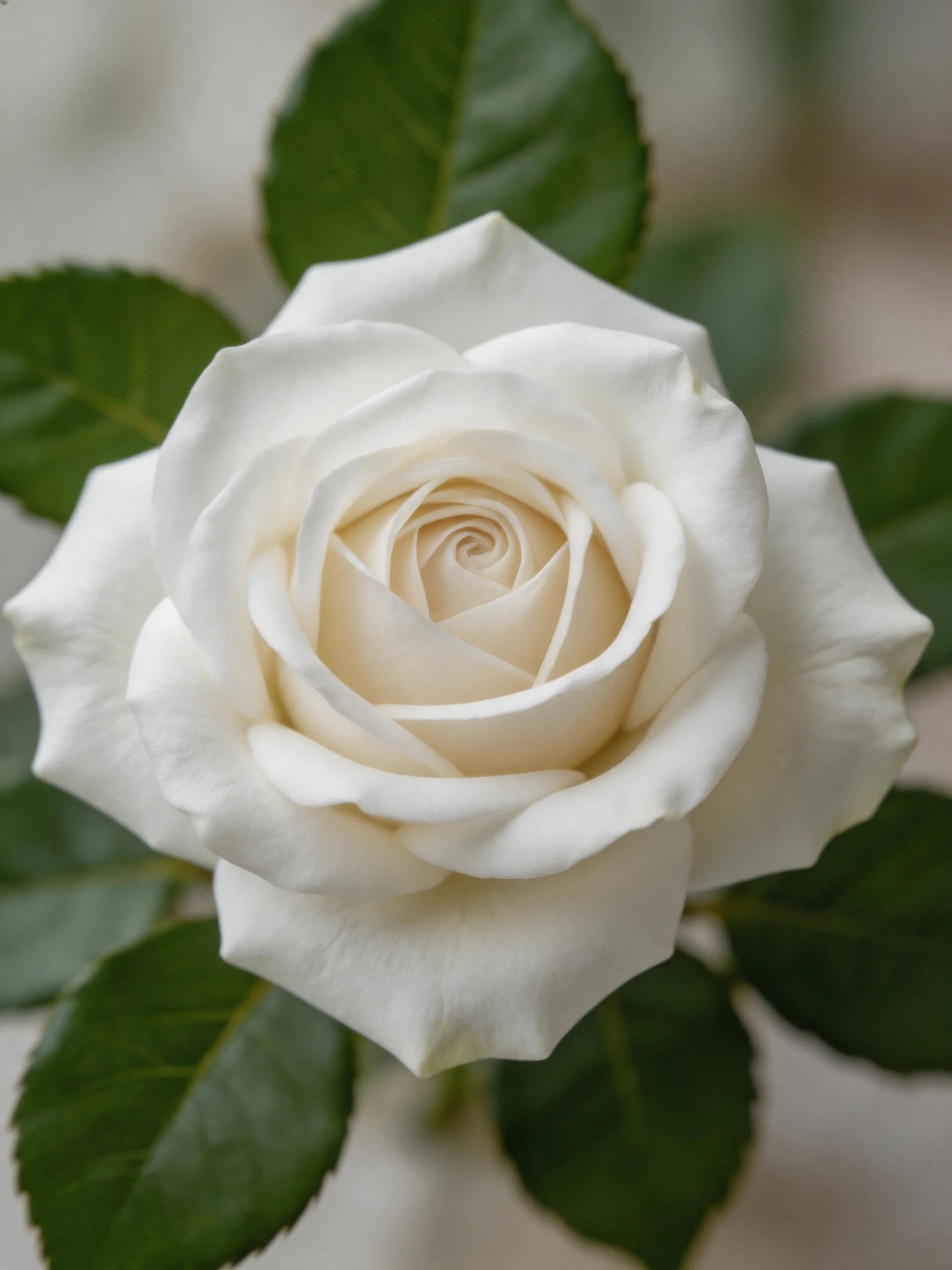 A pristine white rose with glossy green leaves