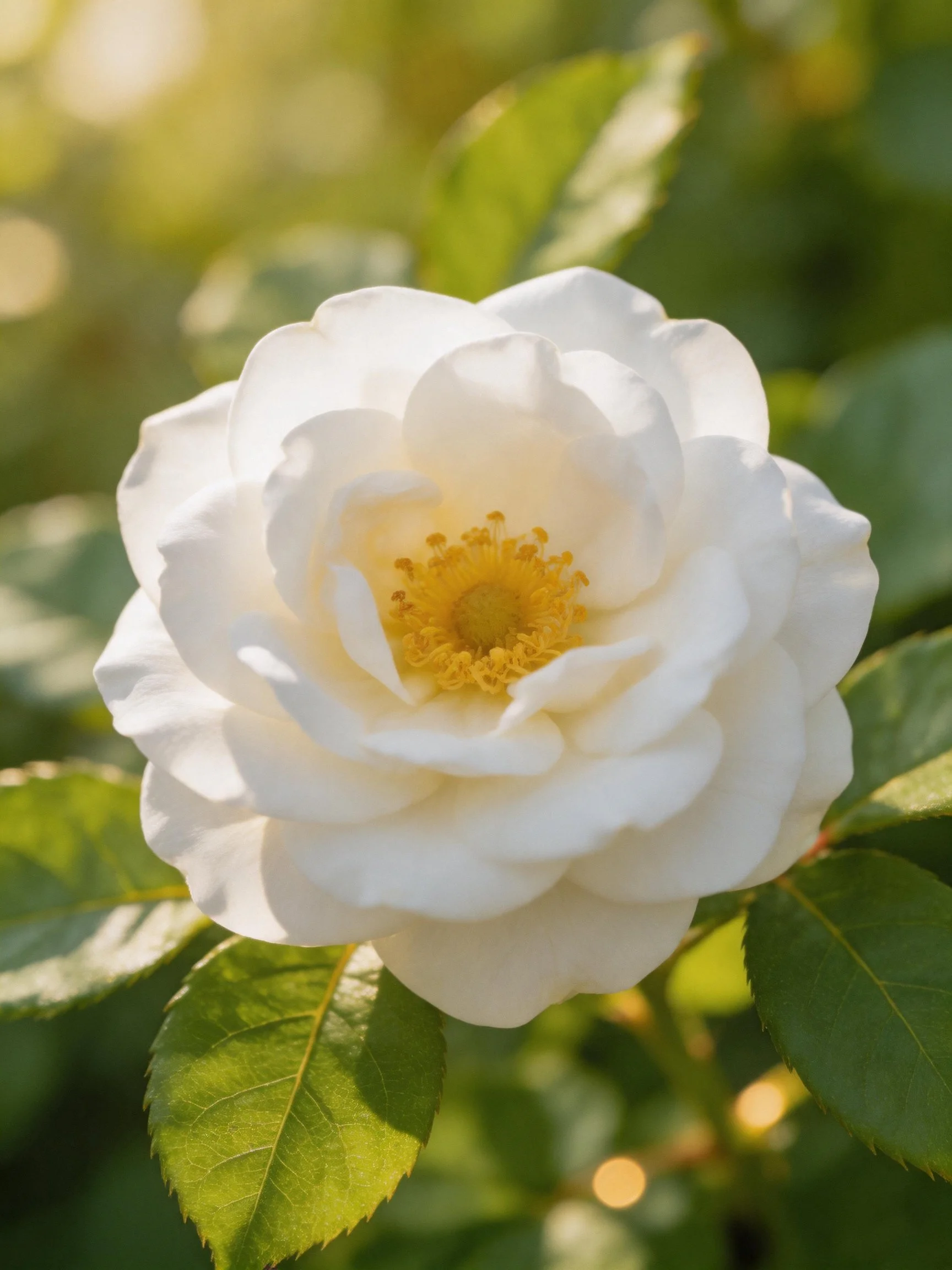A pristine white rose with golden center amid lush green leaves under sunlight