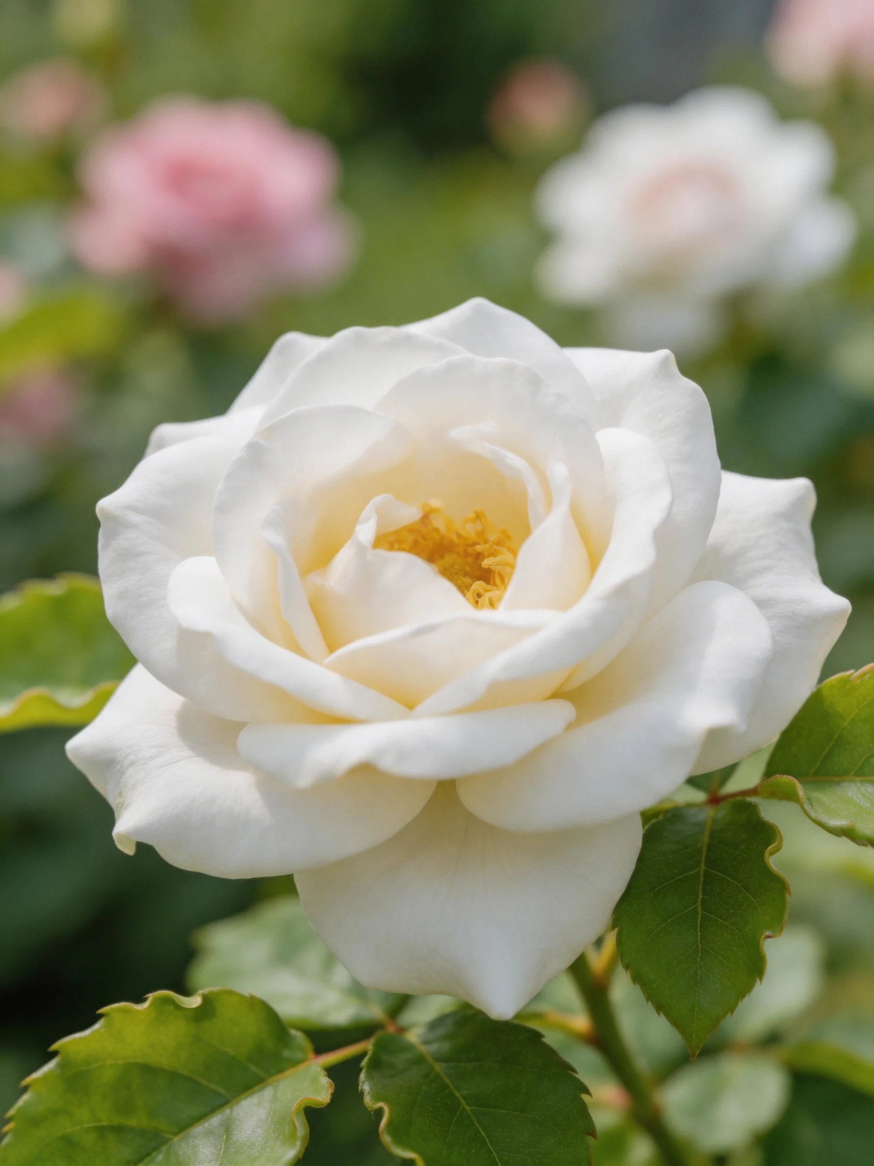 A pristine white rose with green foliage and blurred floral background
