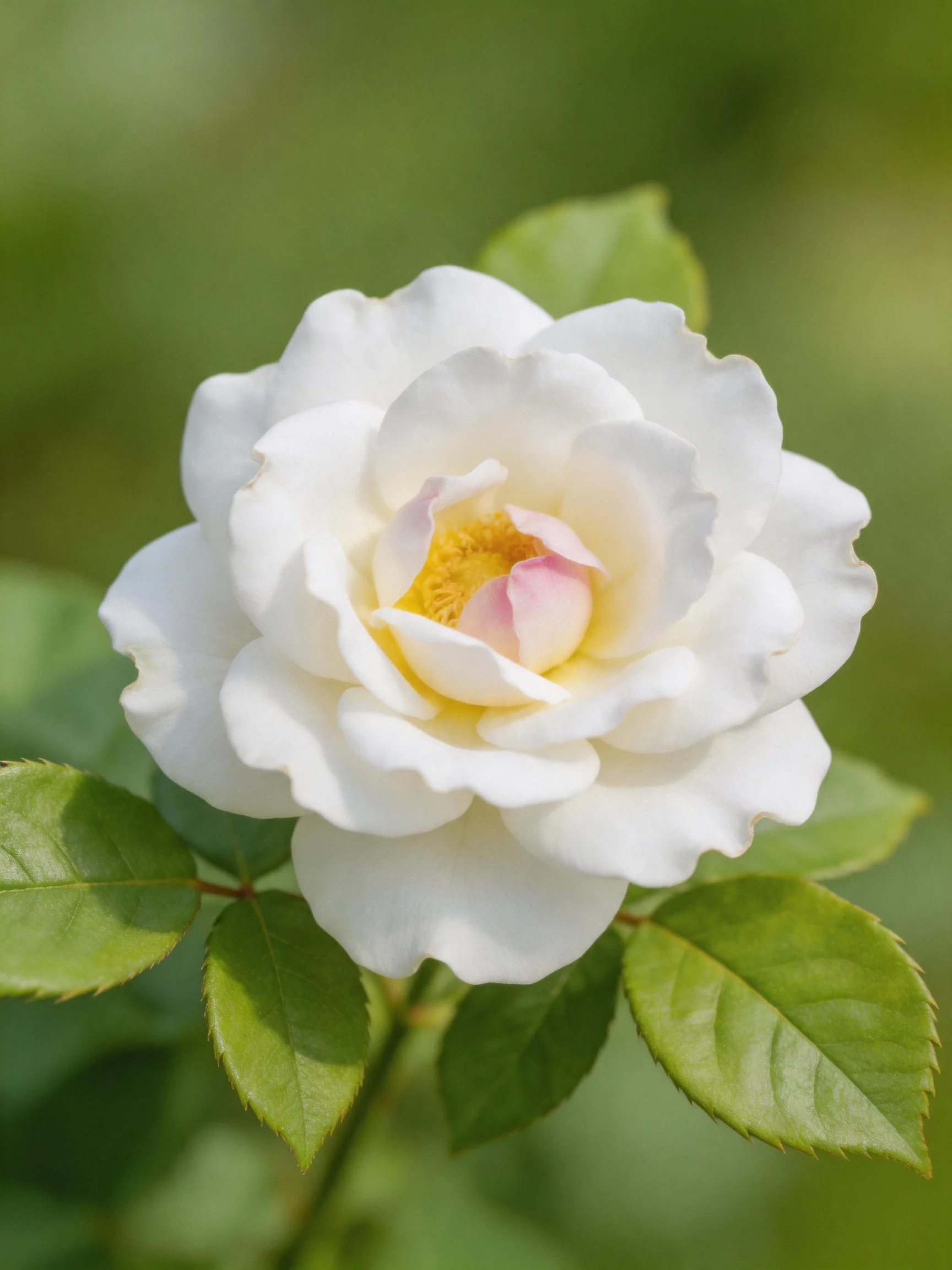 A pristine white rose with pink and yellow center, surrounded by lush green leaves