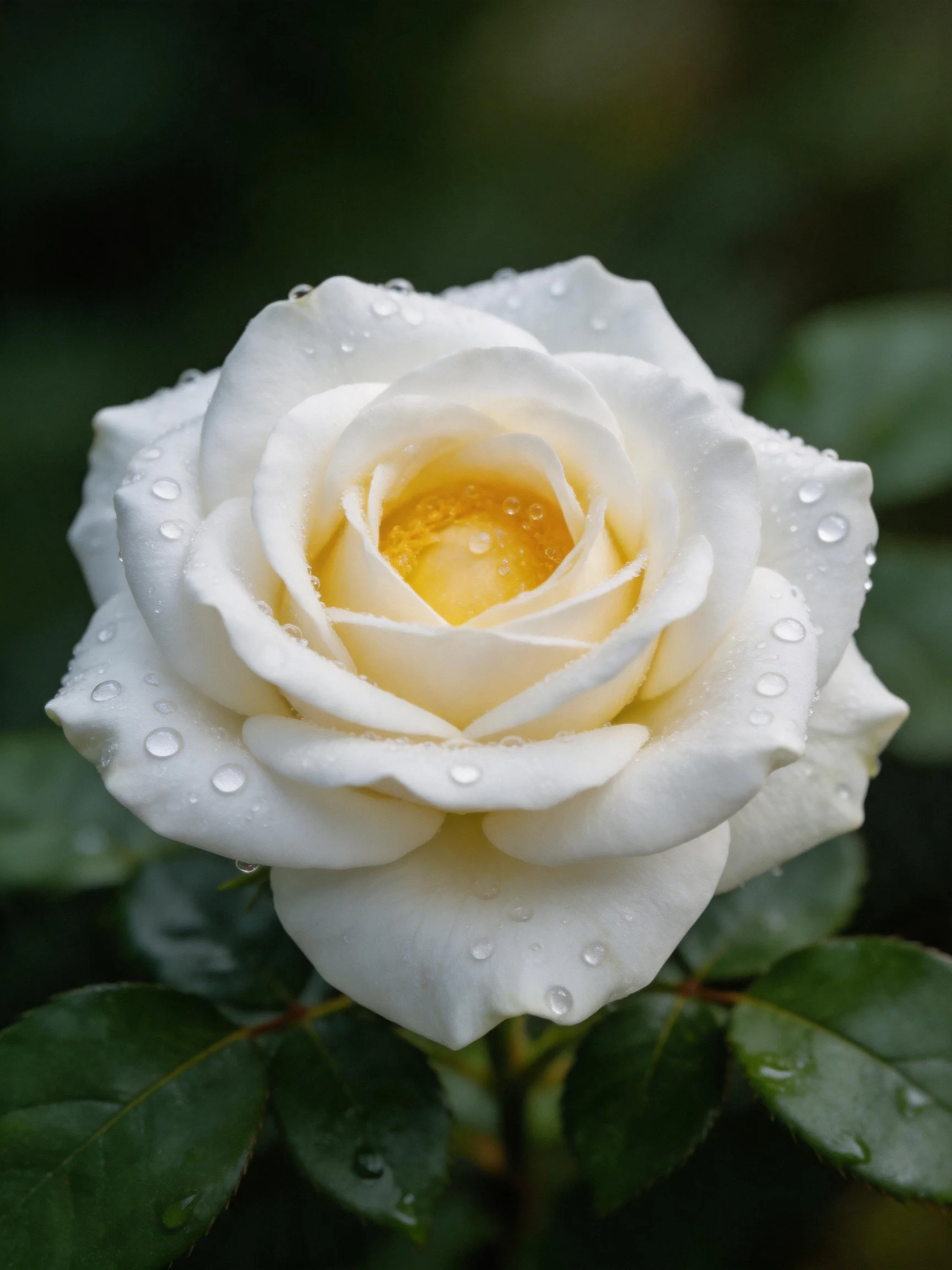 A pristine white rose with water droplets and golden center