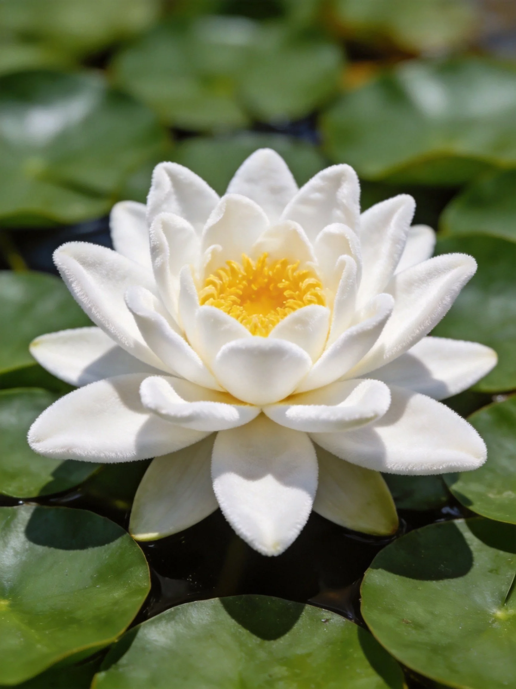 A pristine white water lily blooms amid lush green lily pads