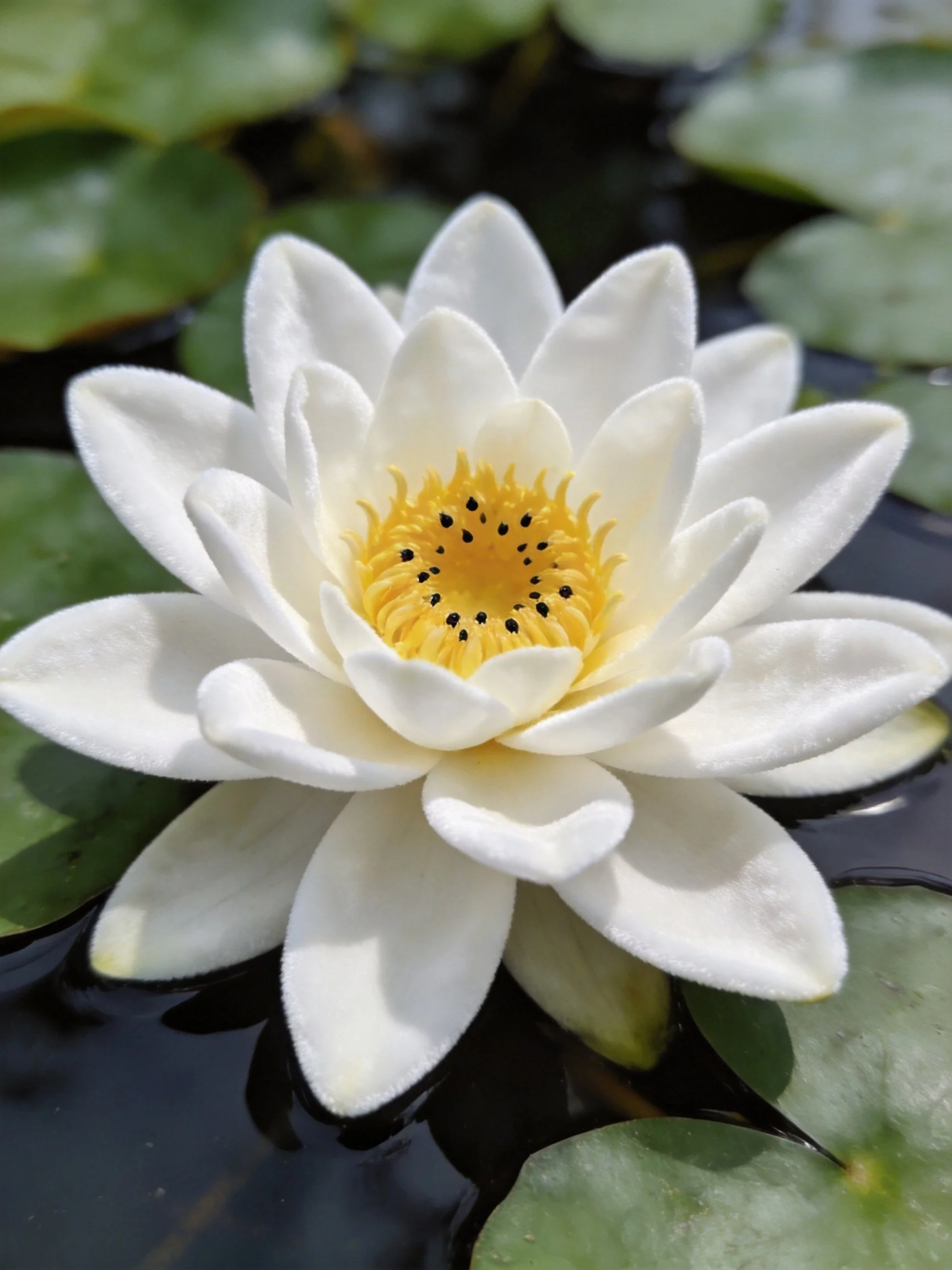 A pristine white water lily blooms among green lily pads