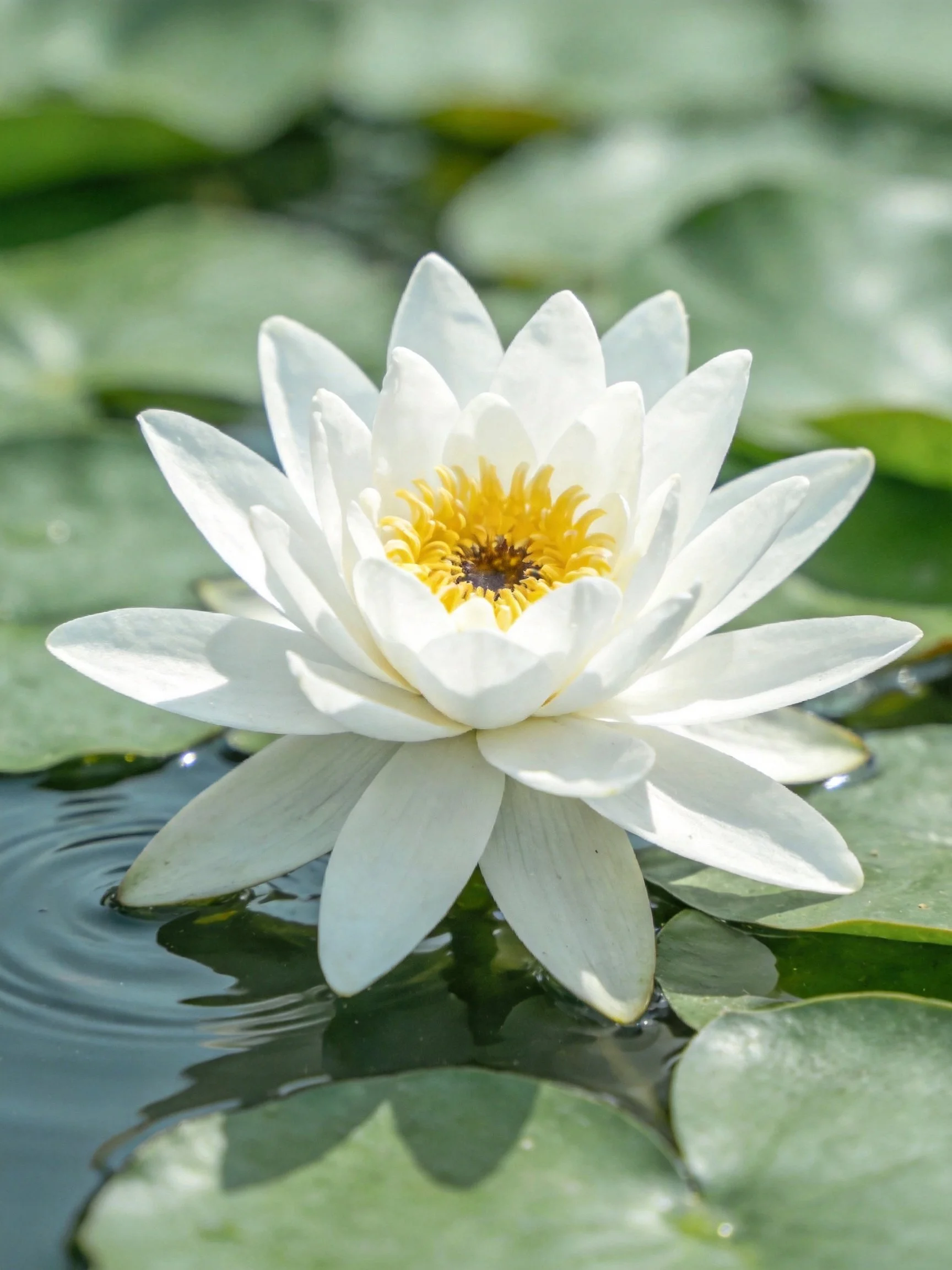 A pristine white water lily blooms among green lily pads