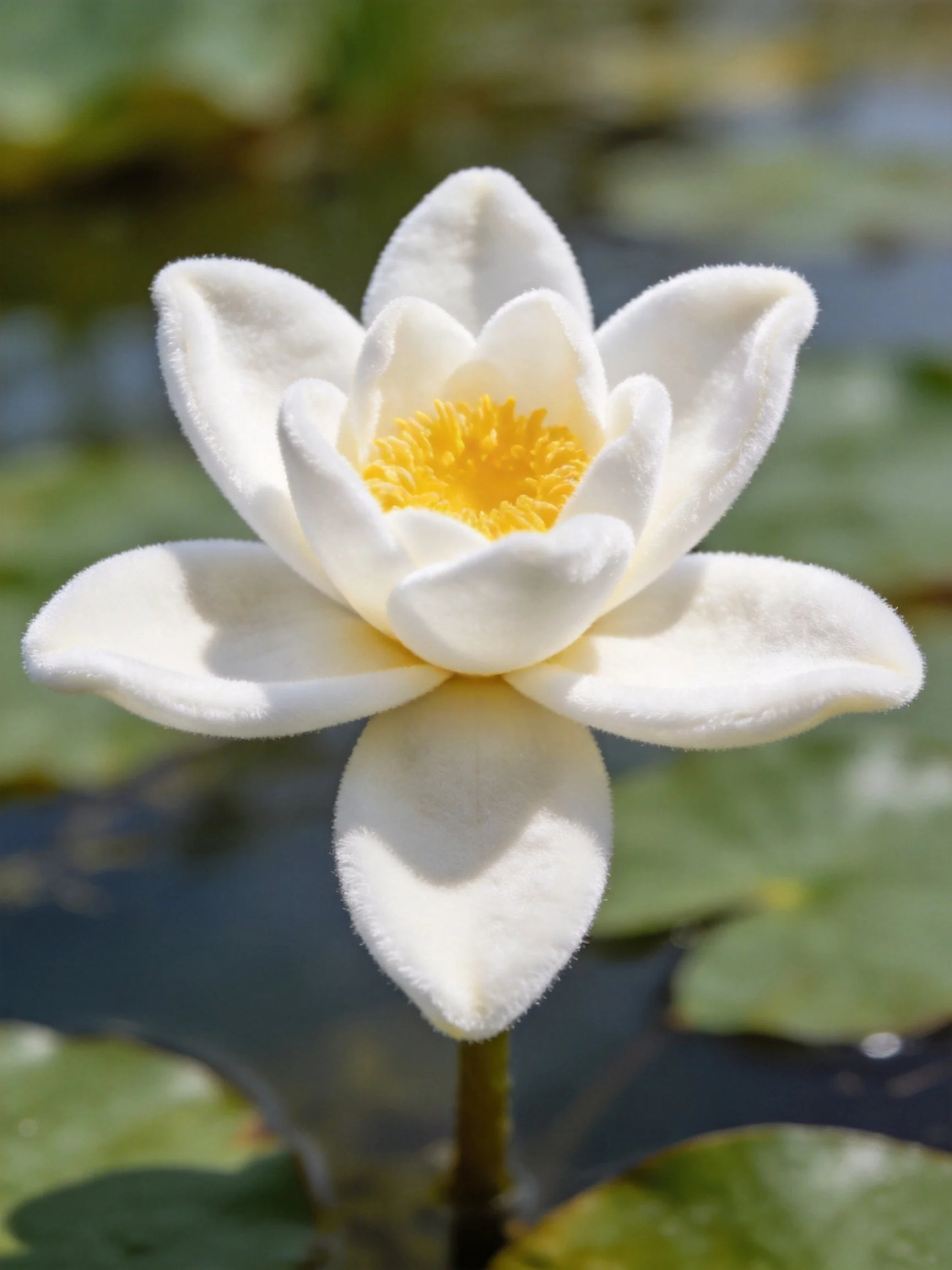 A pristine white water lily with a bright yellow center amid lily pads
