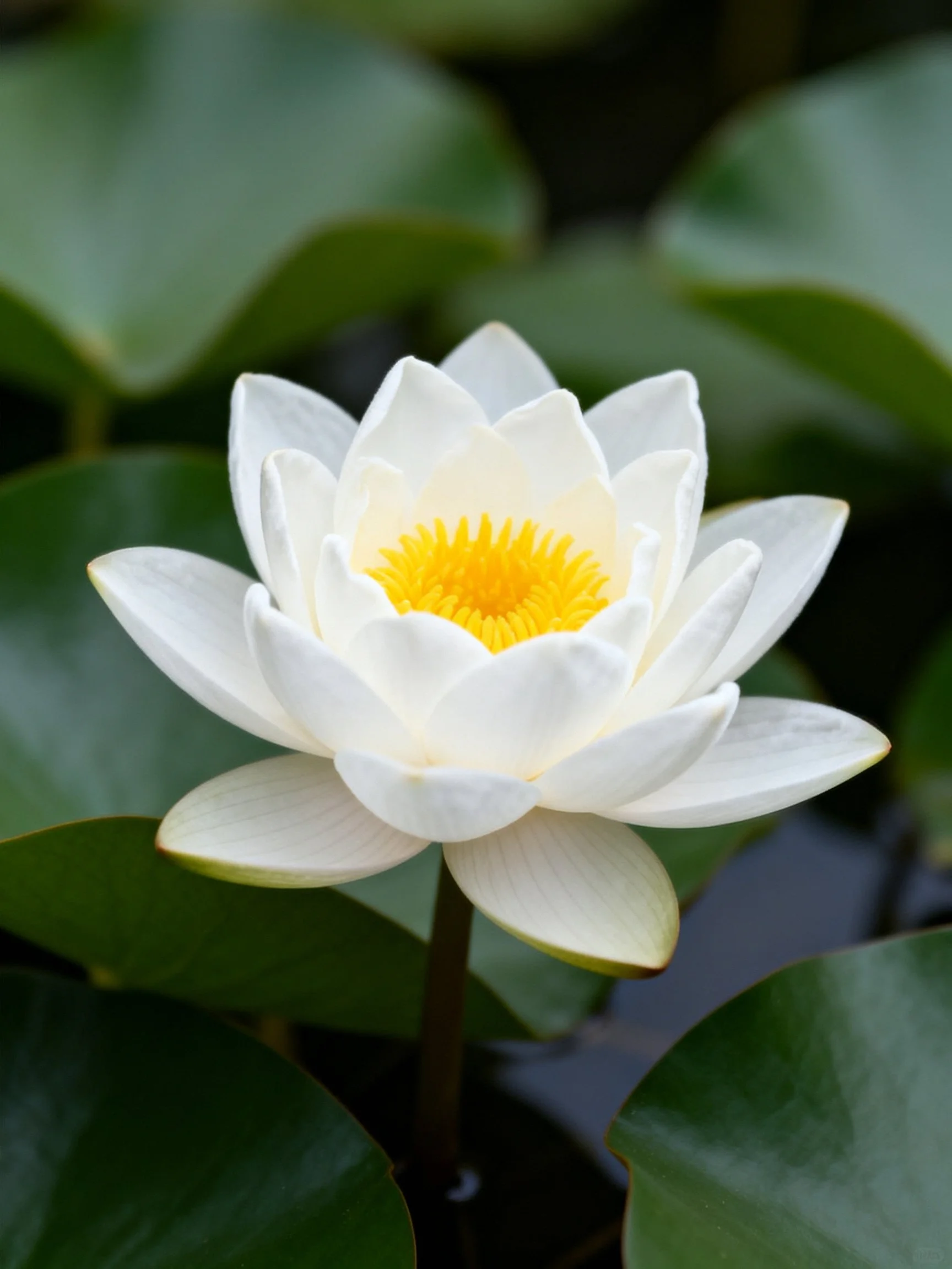 A pristine white water lily with a vivid yellow center and broad green leaves.