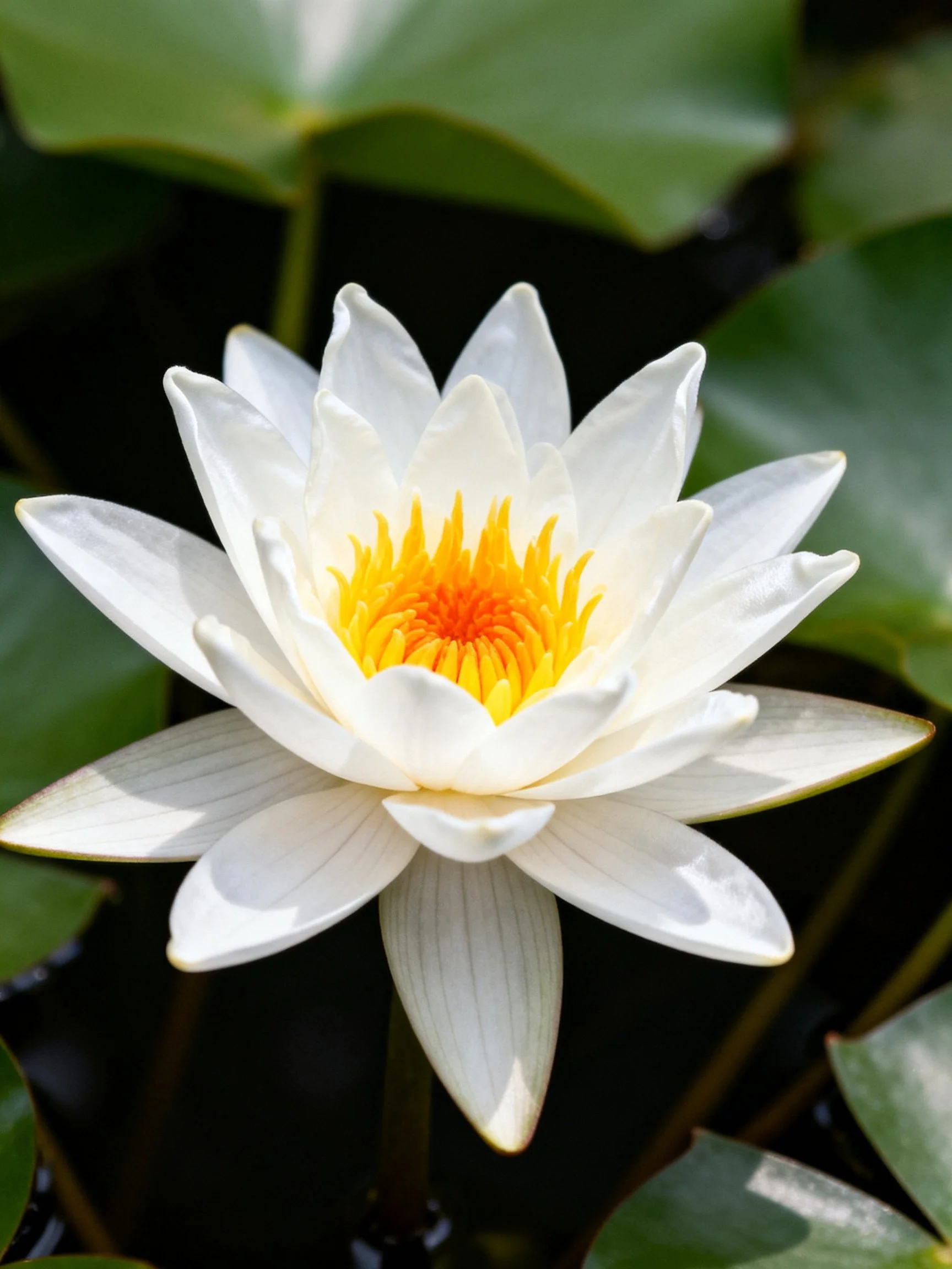 A pristine white water lily with vibrant yellow center among green leaves