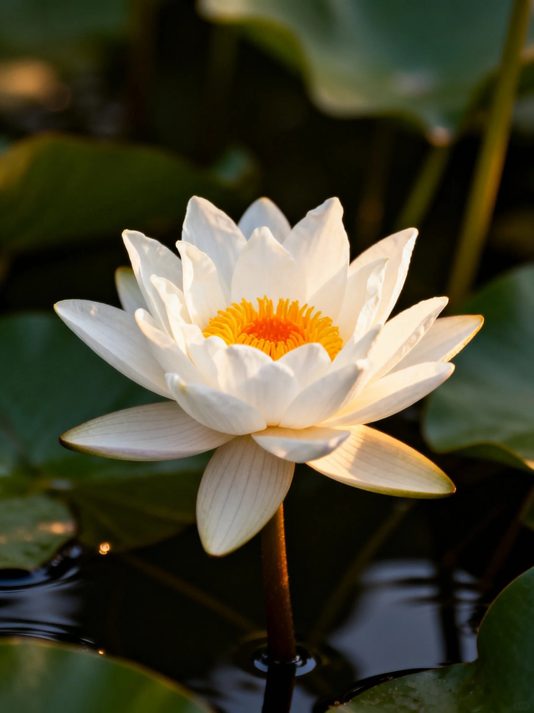 A pristinewhite water lily blooms among green foliage