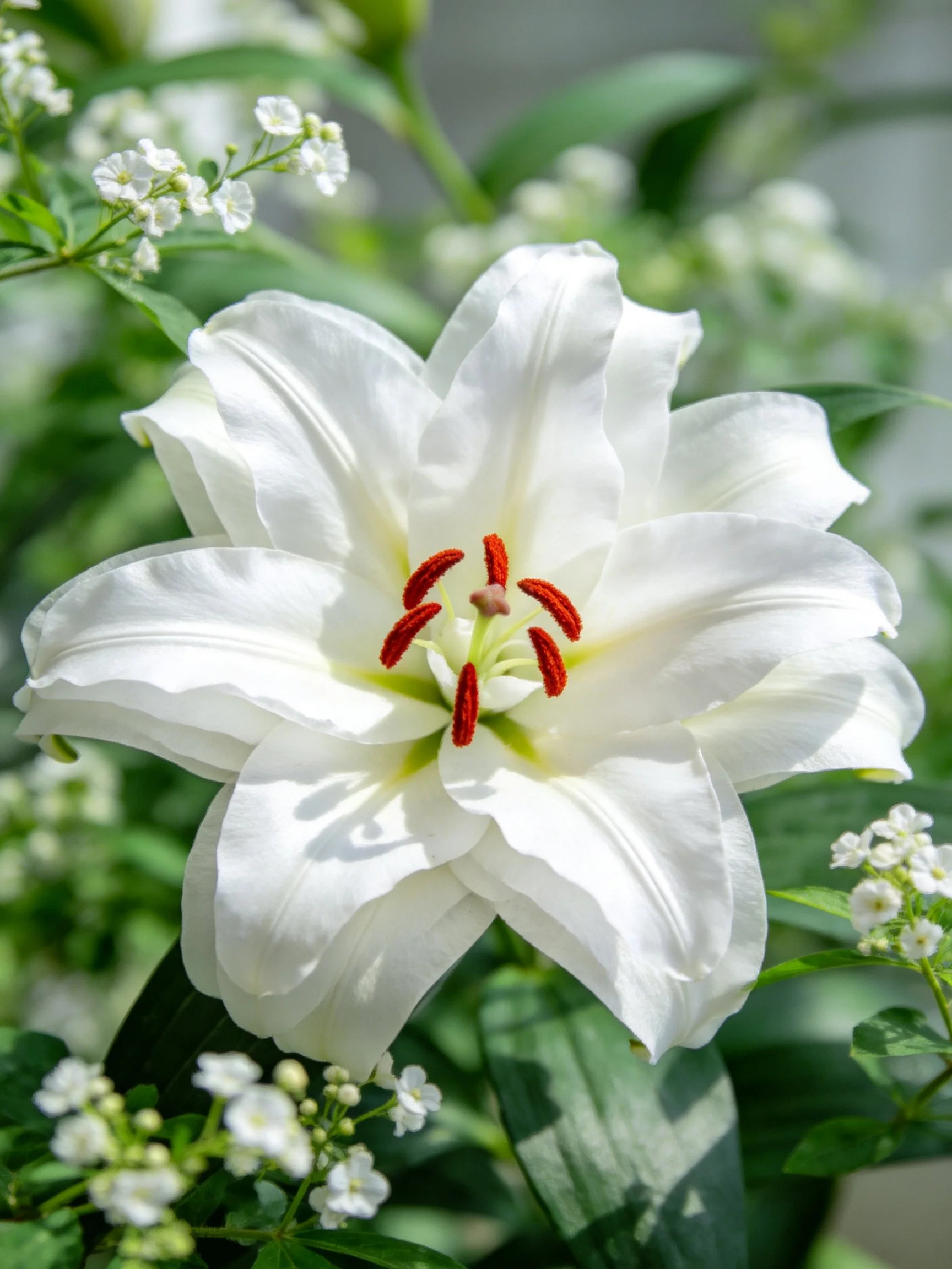 A prominent white lily with red stamens amid small white flowers