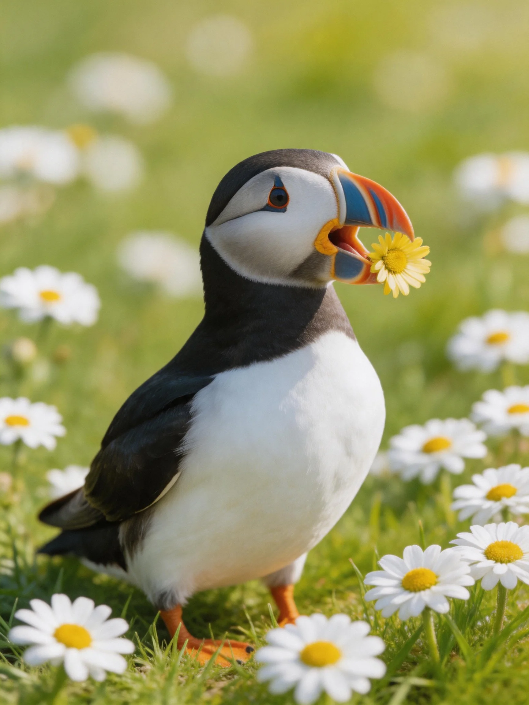 A puffin holding a yellow flower amid white daisies in a green meadow