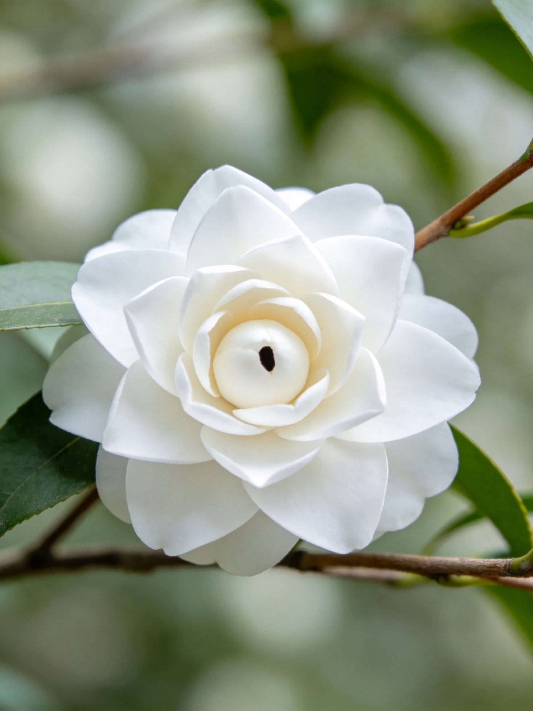 A pure white camellia flower with layered petals on a brown branch