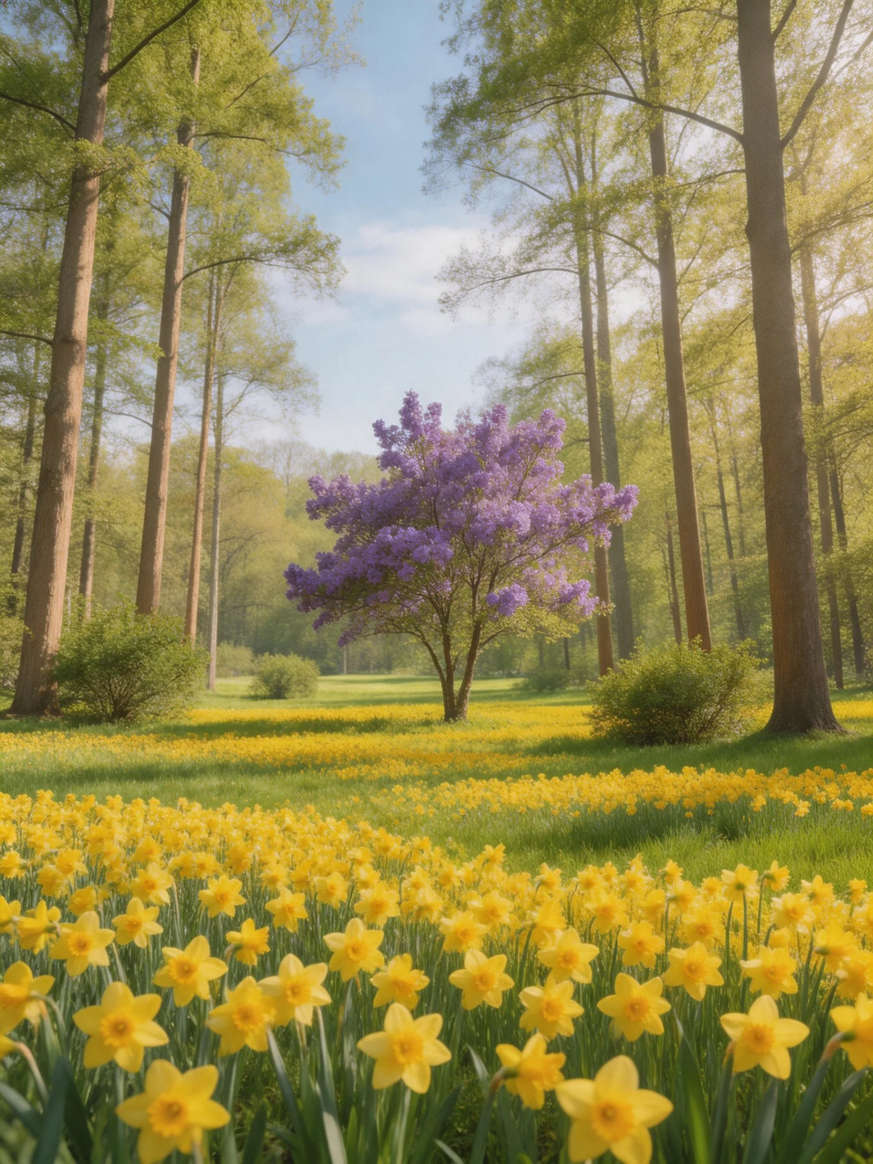 A purple-flowered tree surrounded by tall green trees and yellow flower meadow