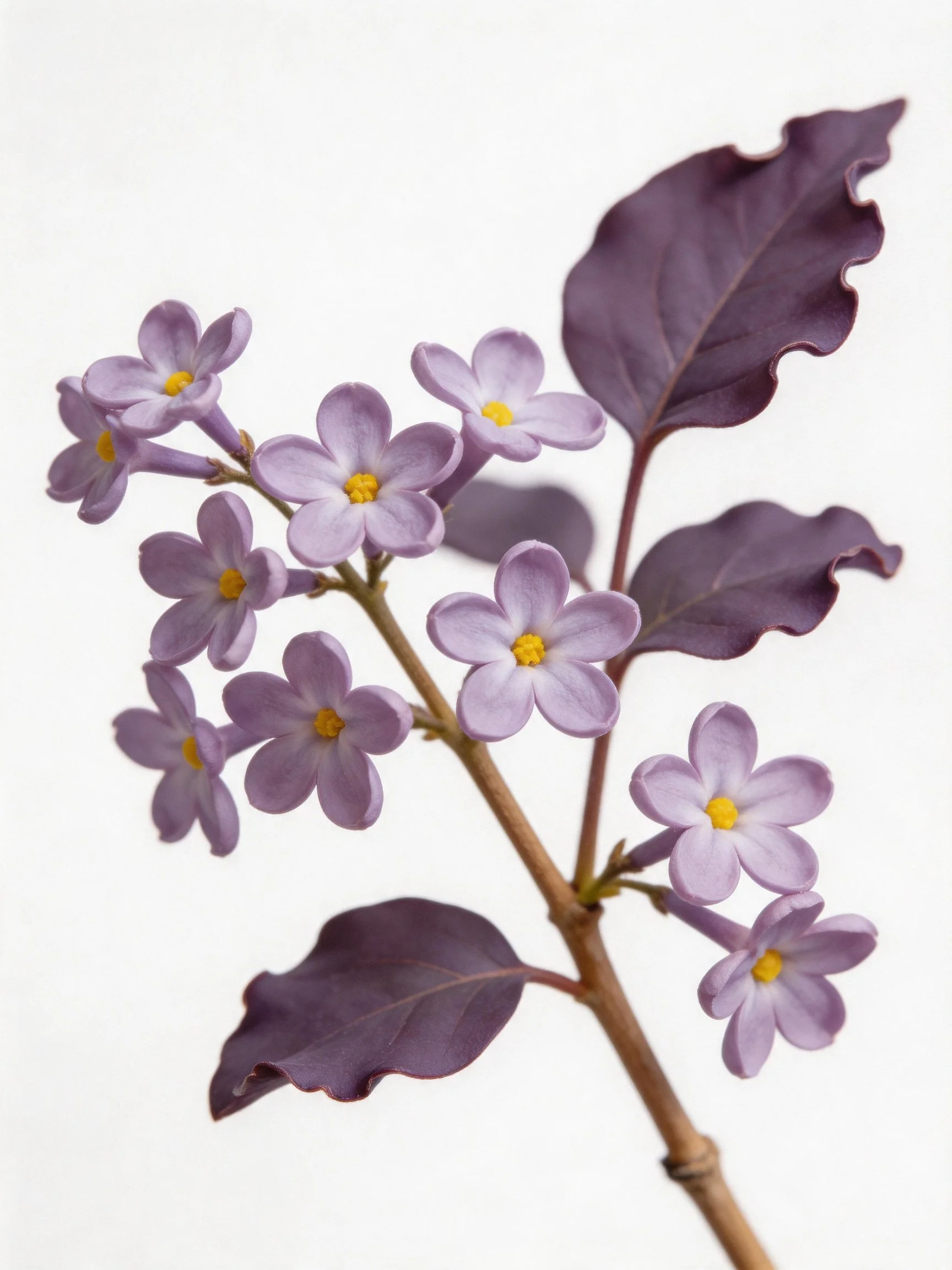 A purple-leaved branch with lavender lilac blossoms
