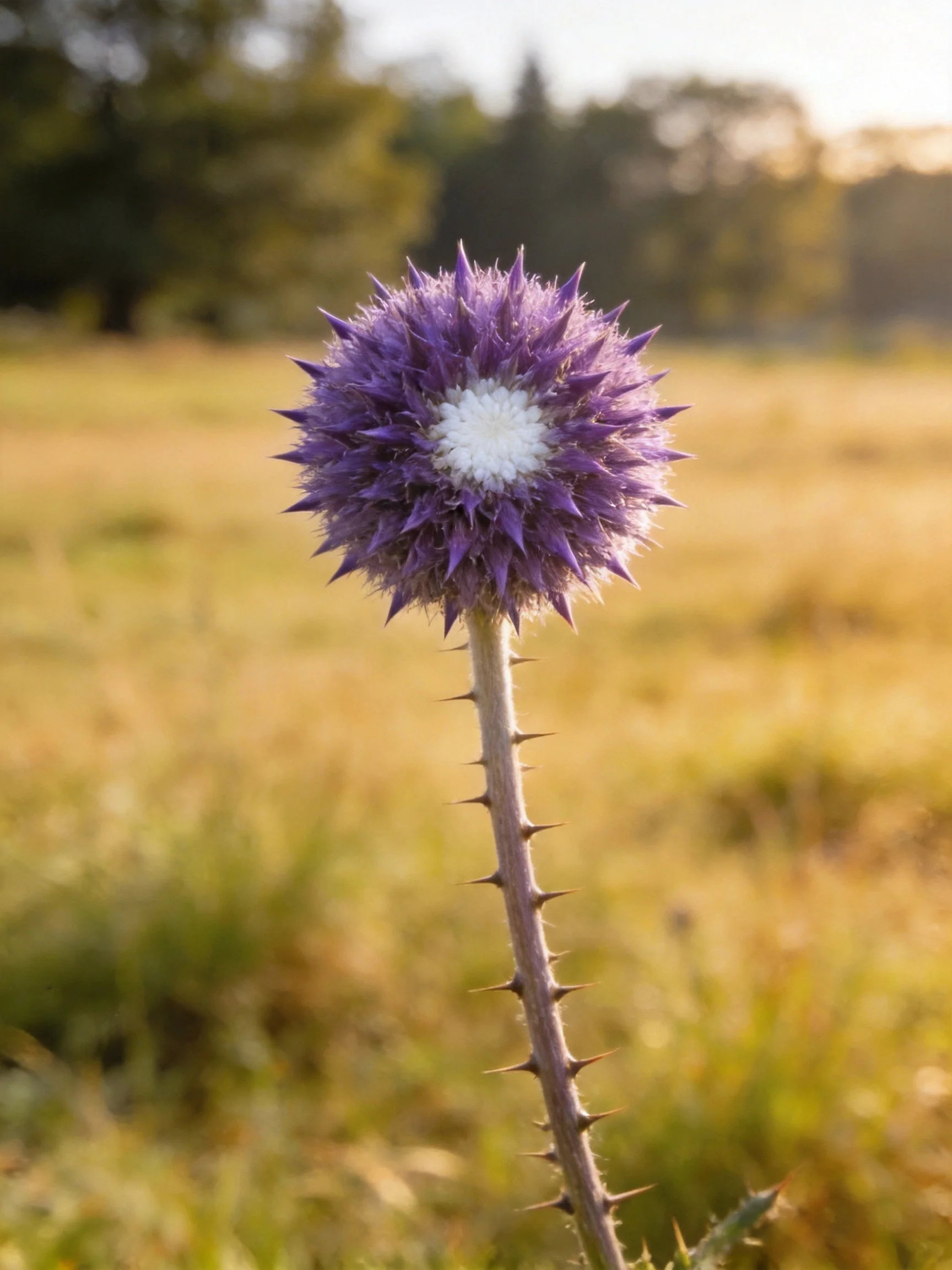 A purple spiky flower with white center stands in a golden meadow