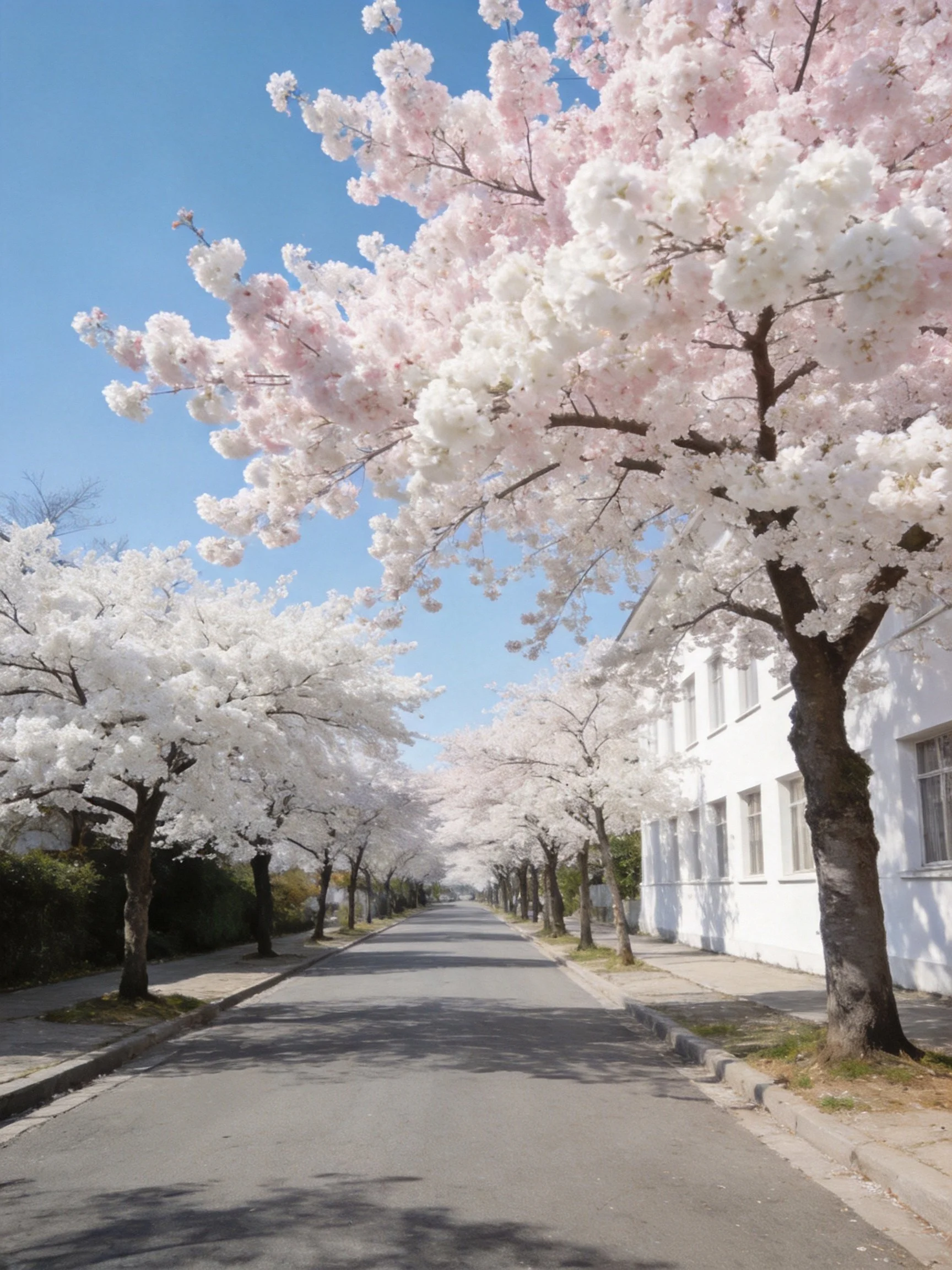 A quiet street lined with cherry blossom trees in pink and white hues next to