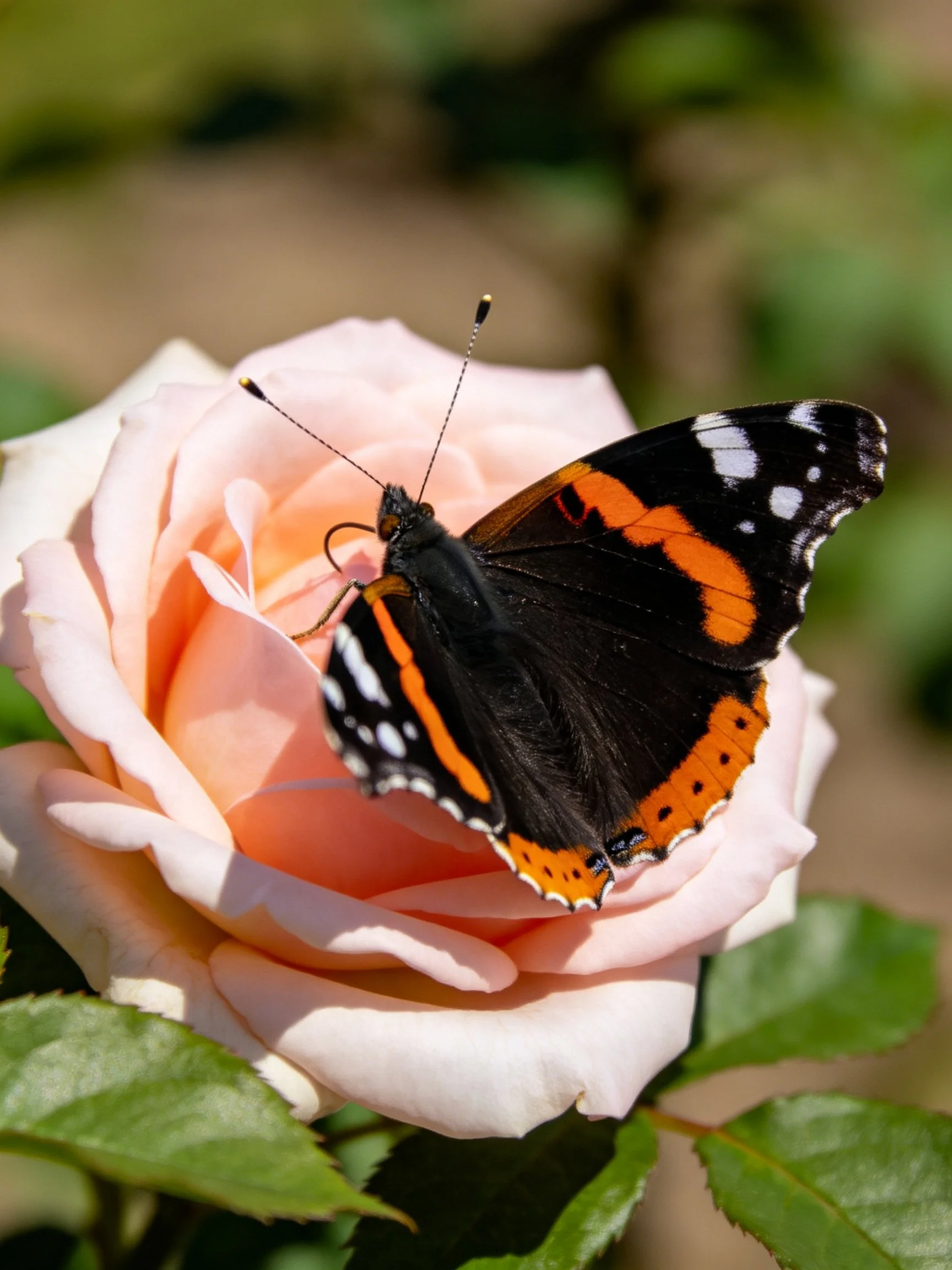 A red admiral butterfly rests on a soft pink rose