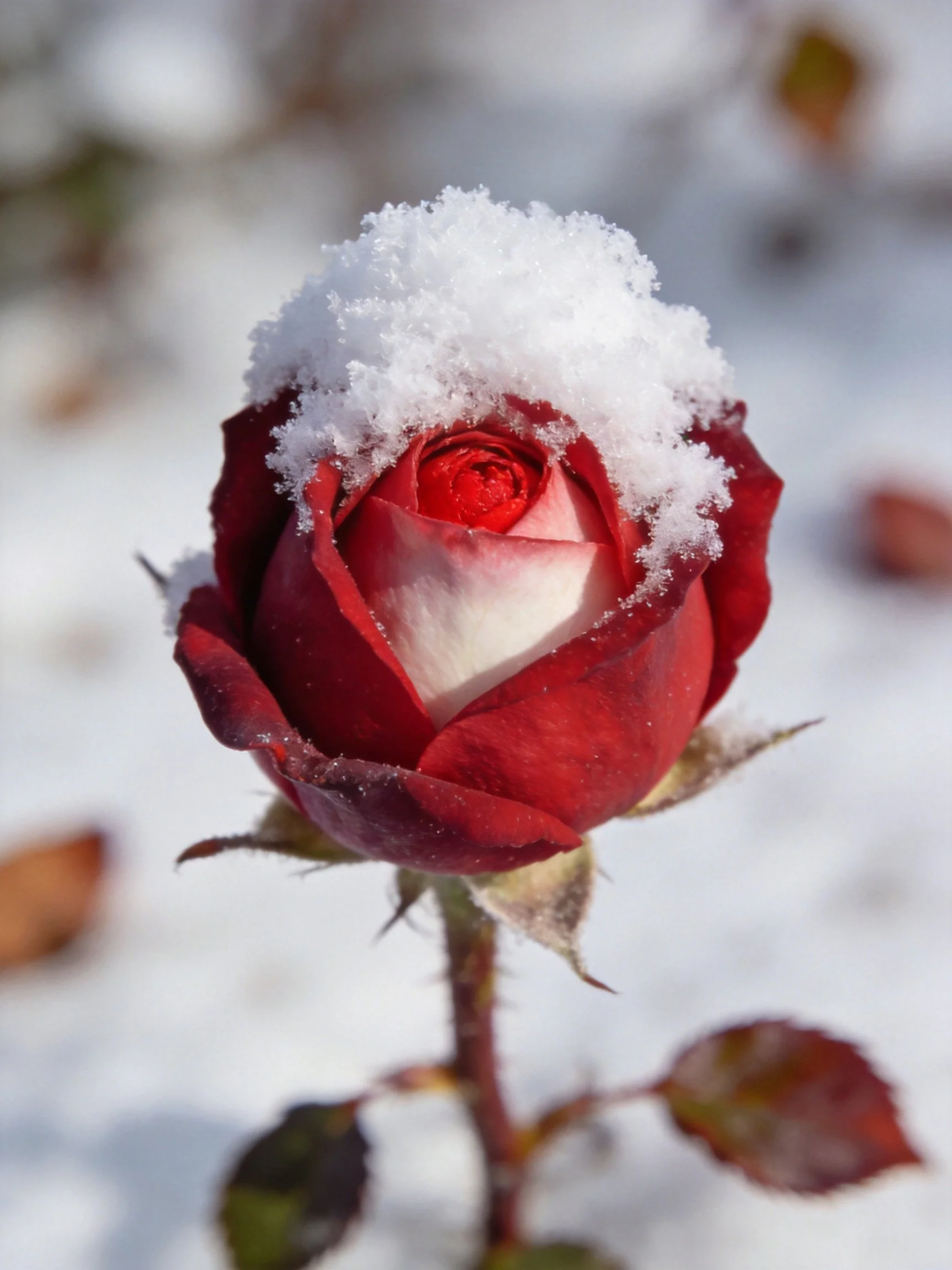 A red and white rosebud dusted with fresh snow