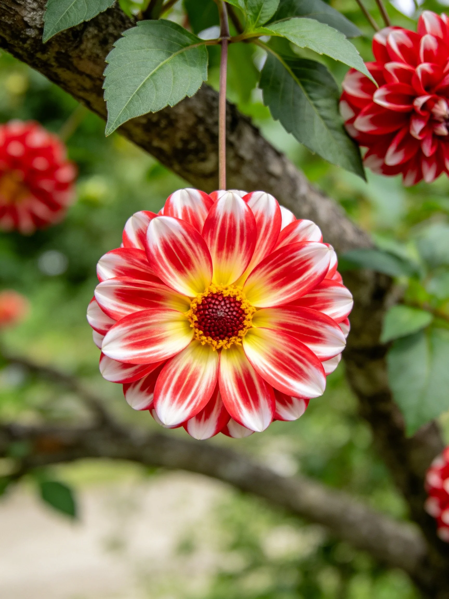 A red and white striped flower hangs from a tree branch
