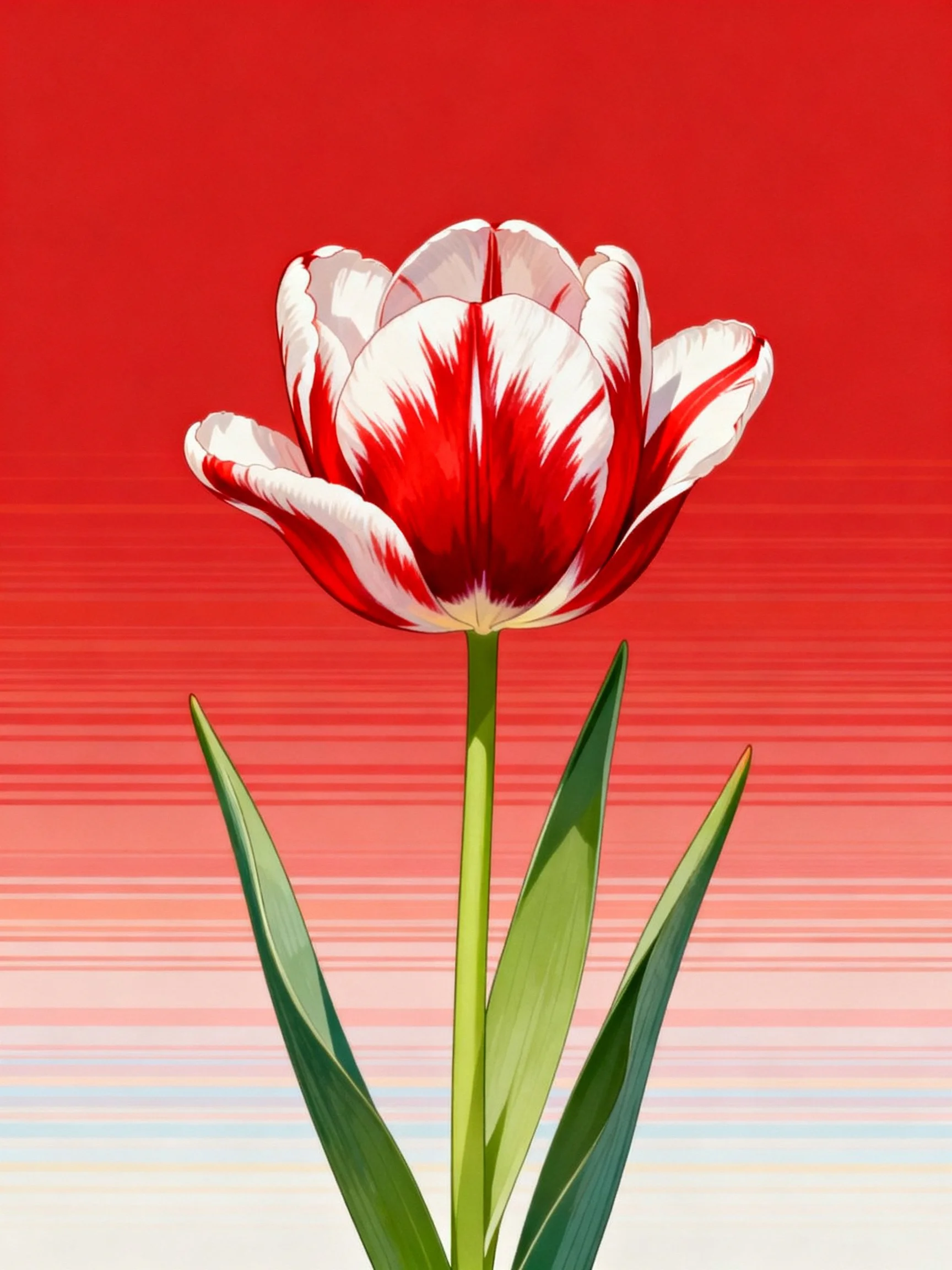 A red and white tulip with green stem and leaves on a striped red backdrop