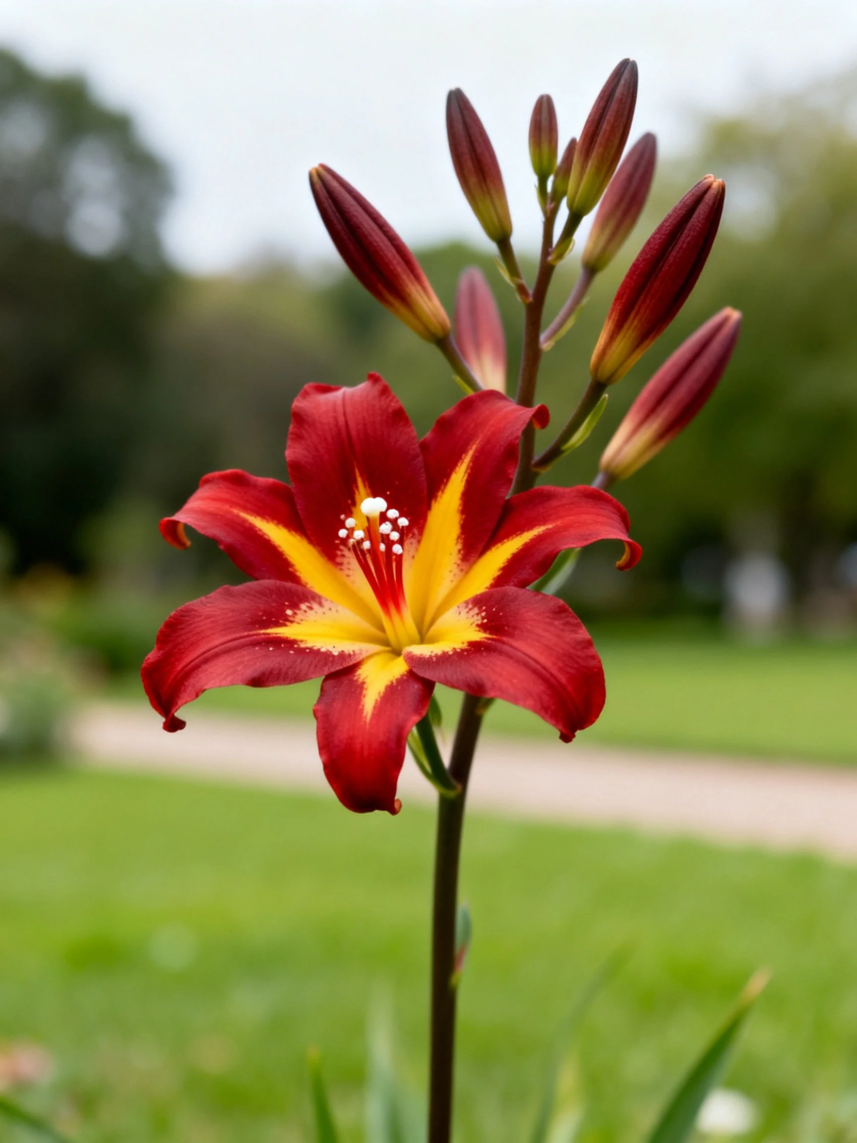 A red and yellow lily with one open bloom and multiple unopened buds