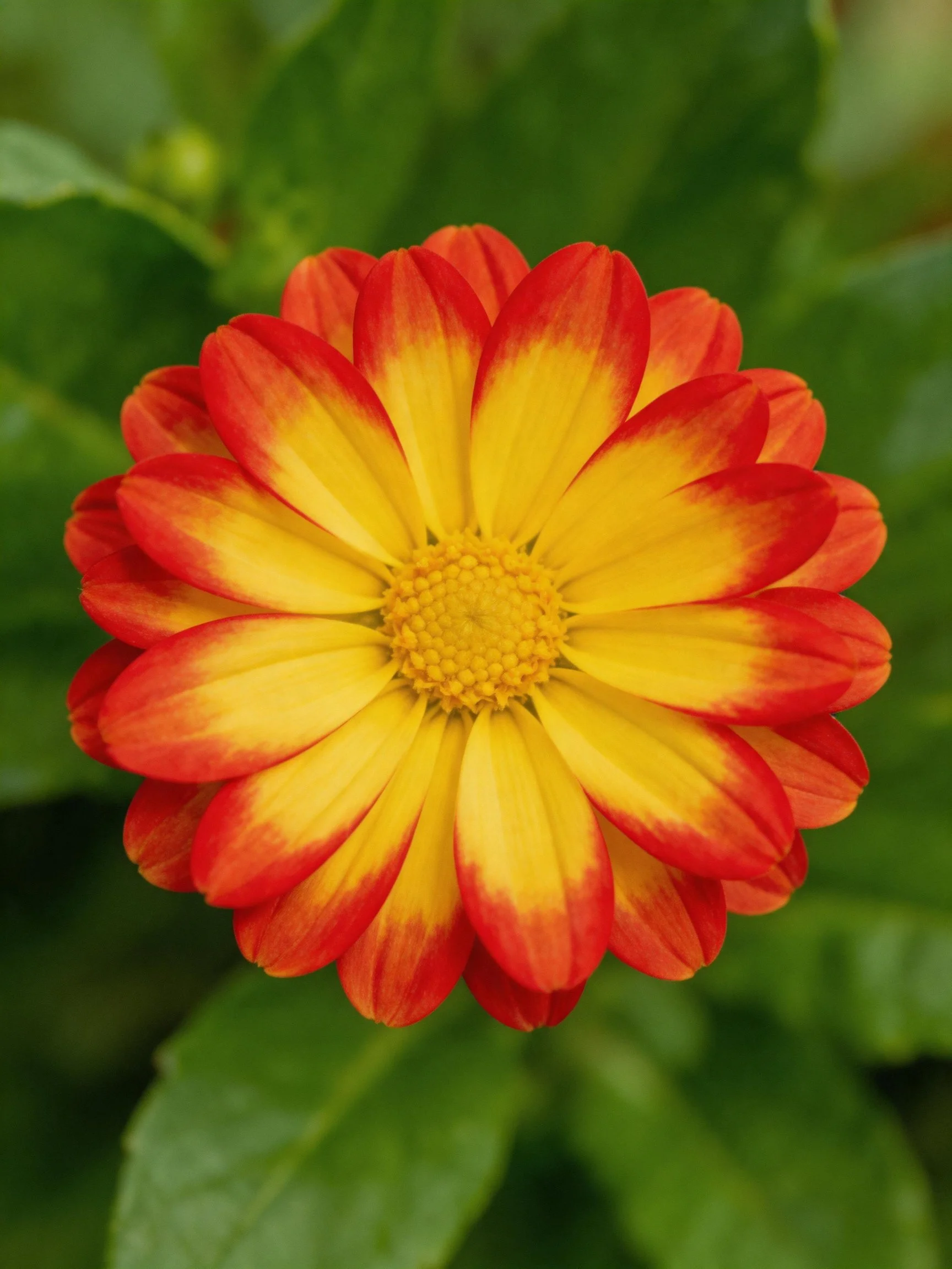 A red and yellow petal flower with lush green leaves
