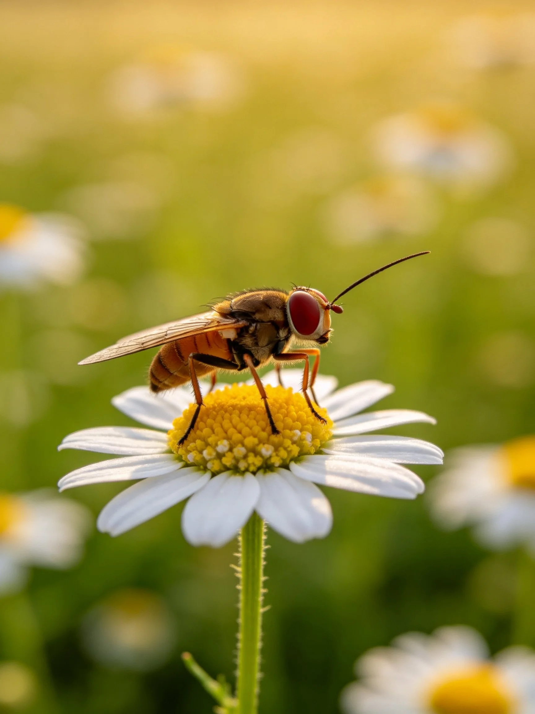 A red-eyed fly perched on a white daisy in a flower-filled meadow
