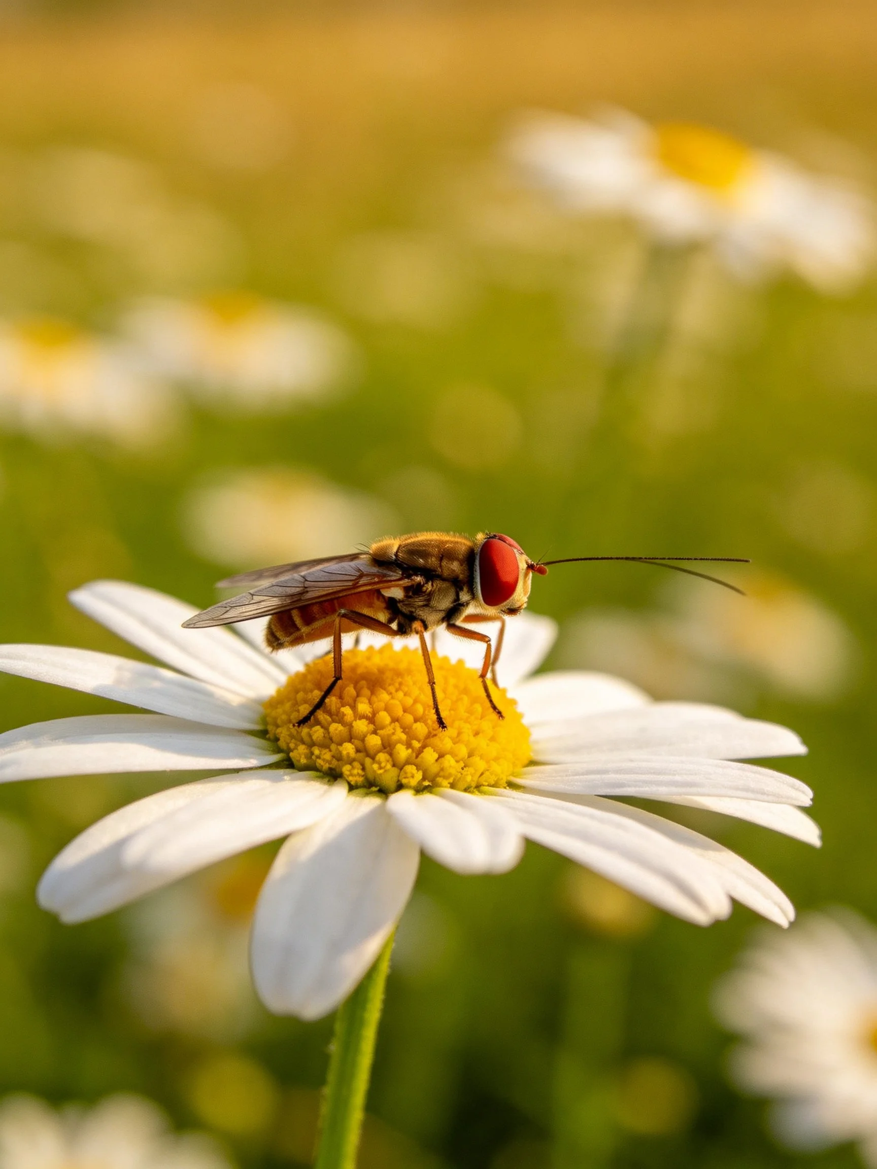 A red-eyed fly perched on a white daisy with yellow center