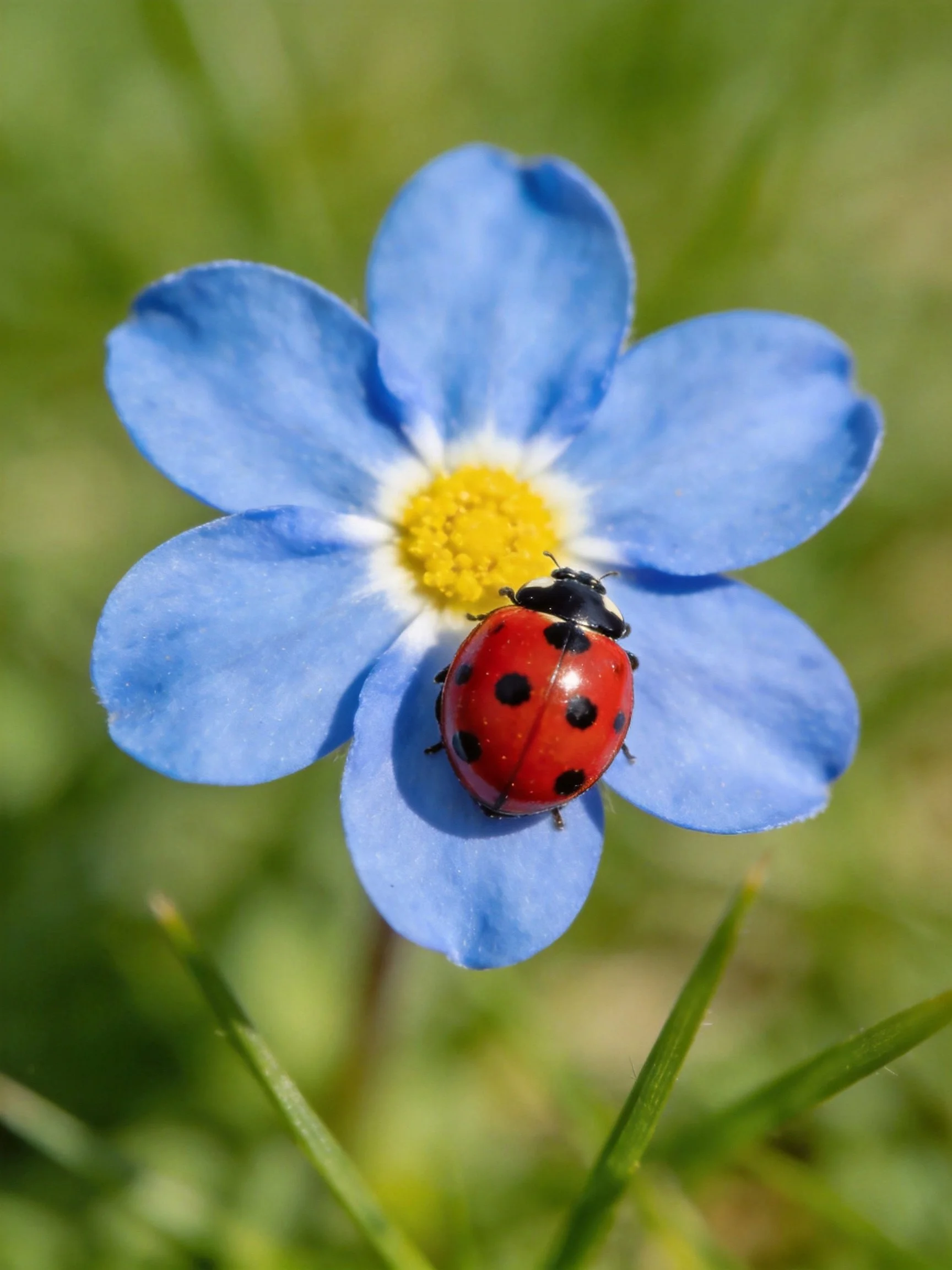 A red ladybug perched on a vibrant blue flower with a yellow center