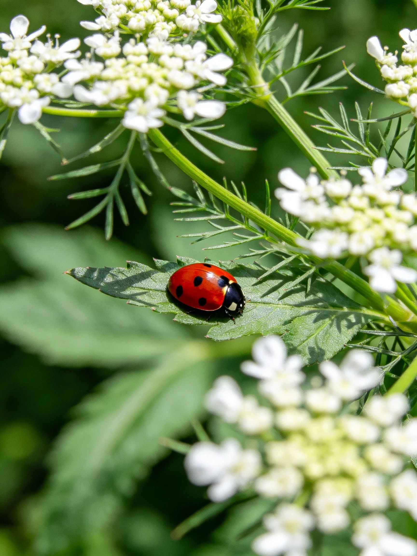 A red ladybug rests on a leaf amid white clustered blooms