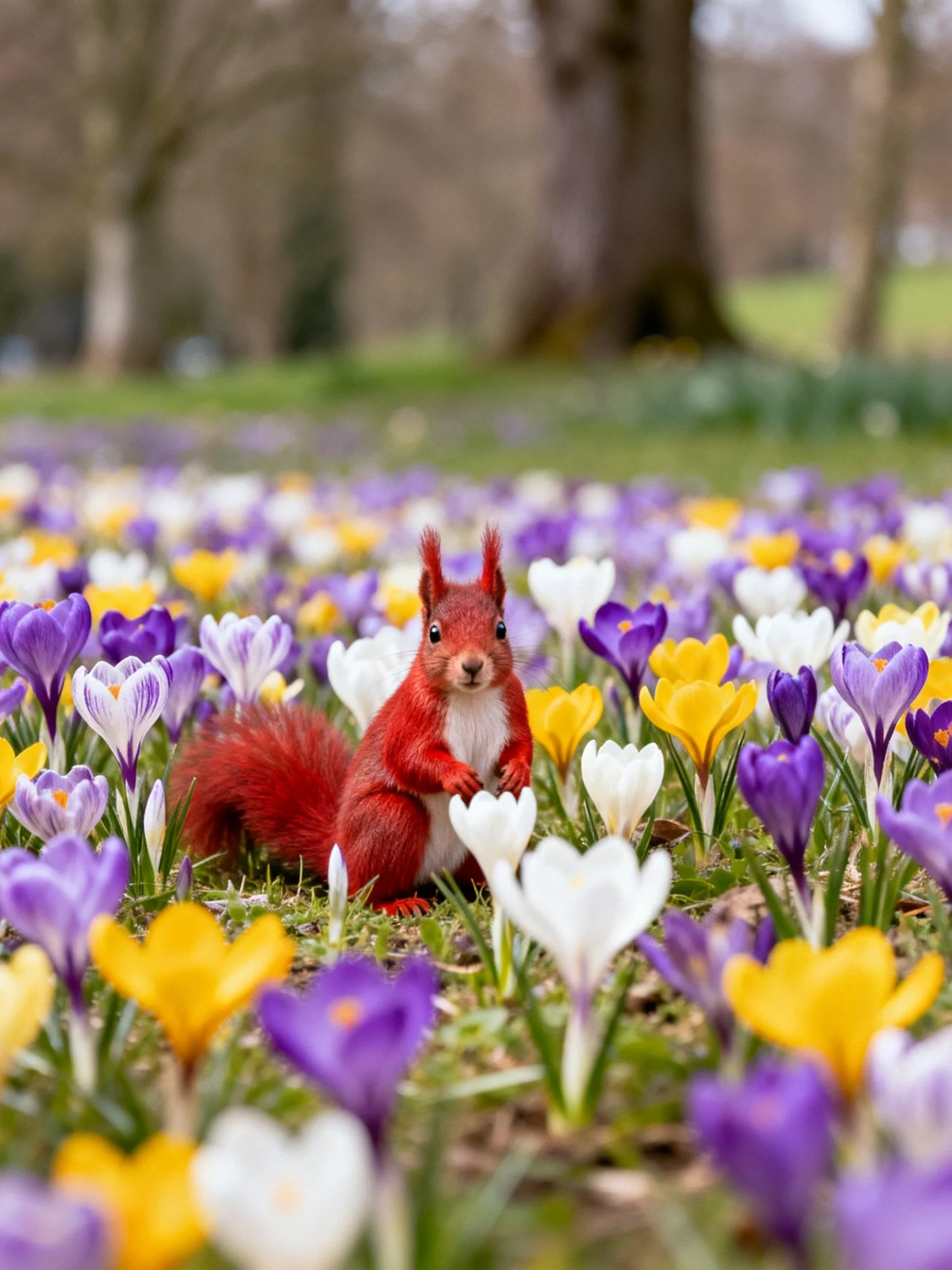 A red squirrel amidst vibrant purple, white, and yellow crocus flowers