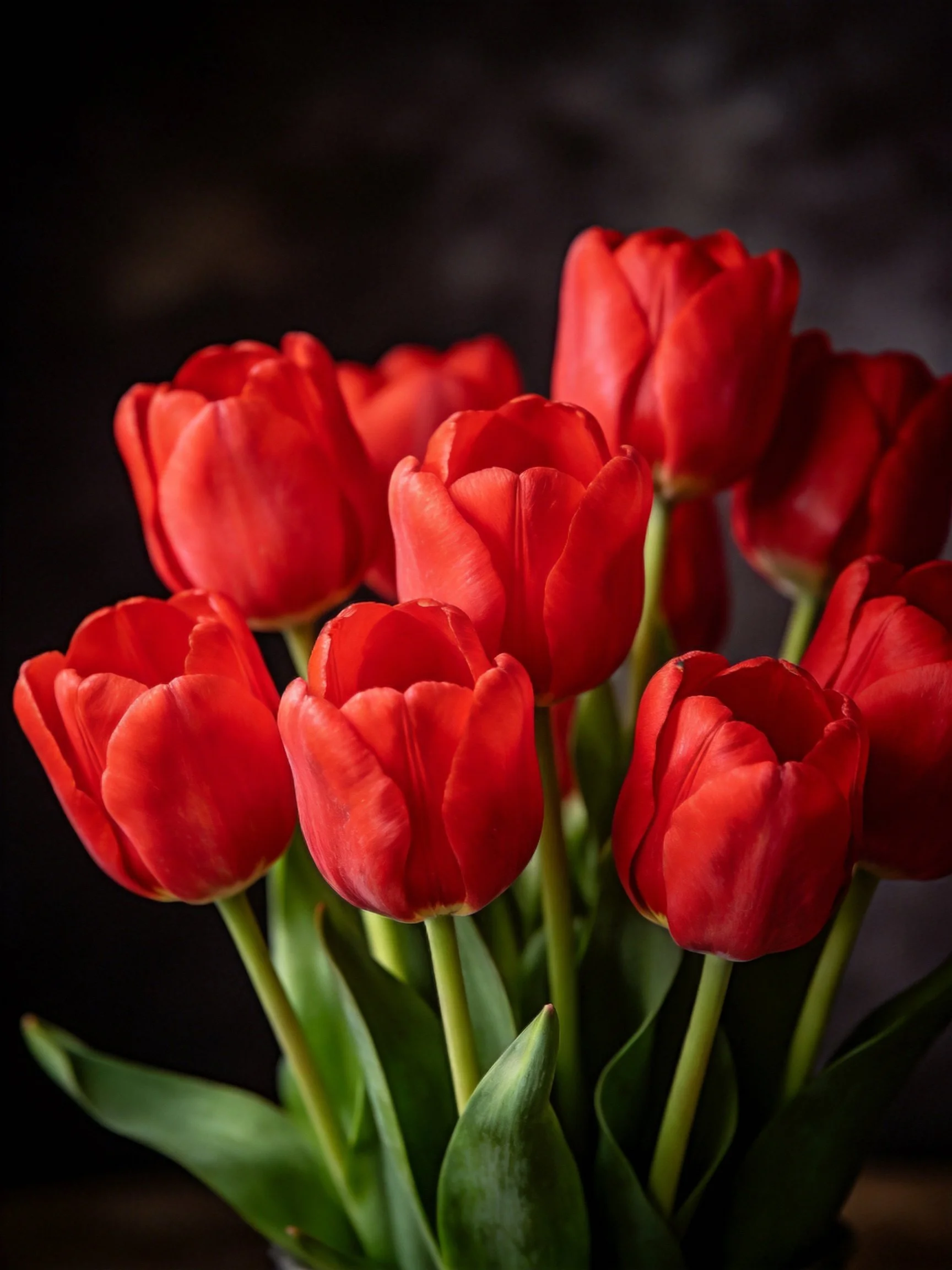 A rich bouquet of red tulips with lush green stems