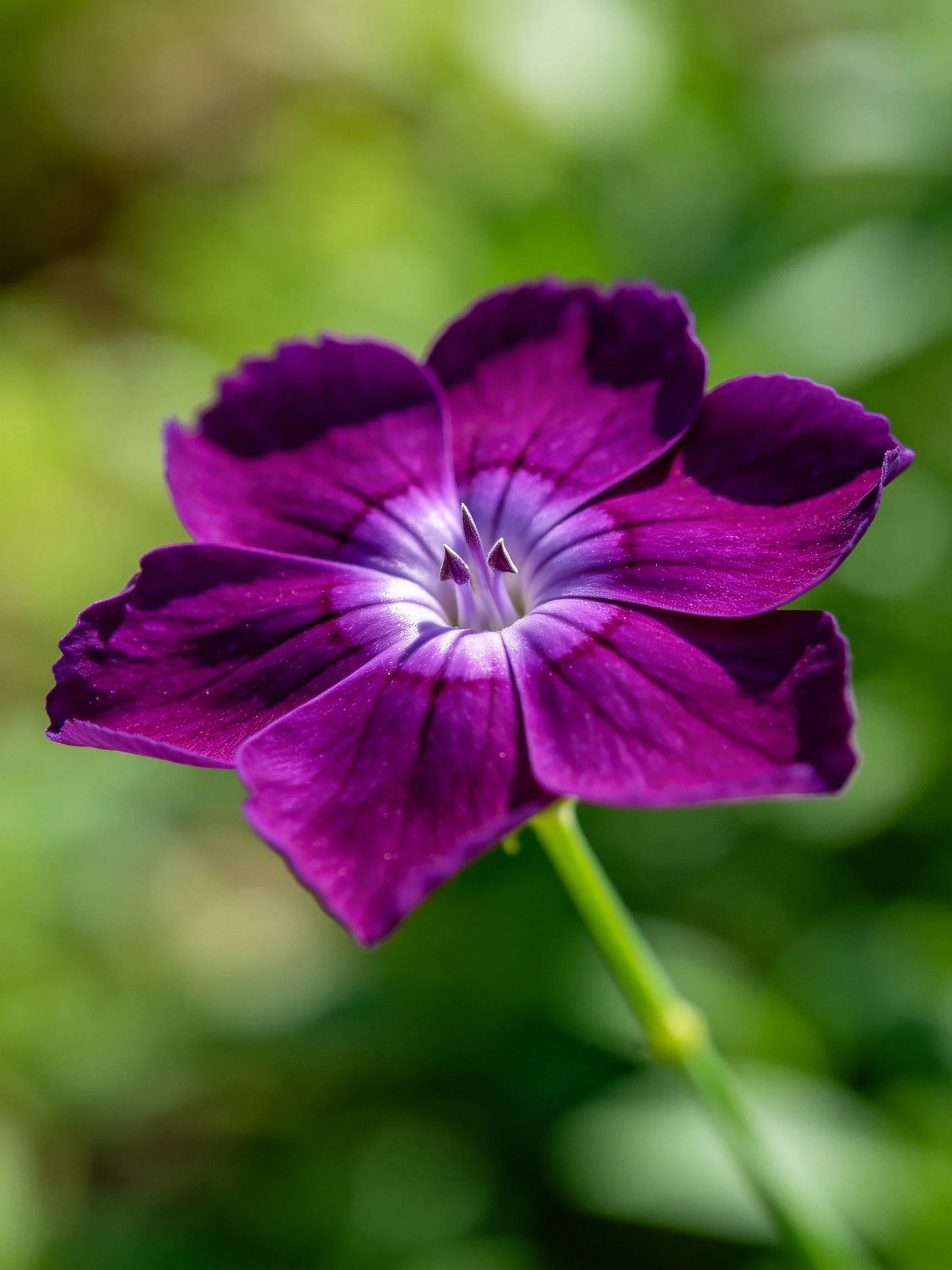 A rich purple flower with a light - centered bloom and green stem