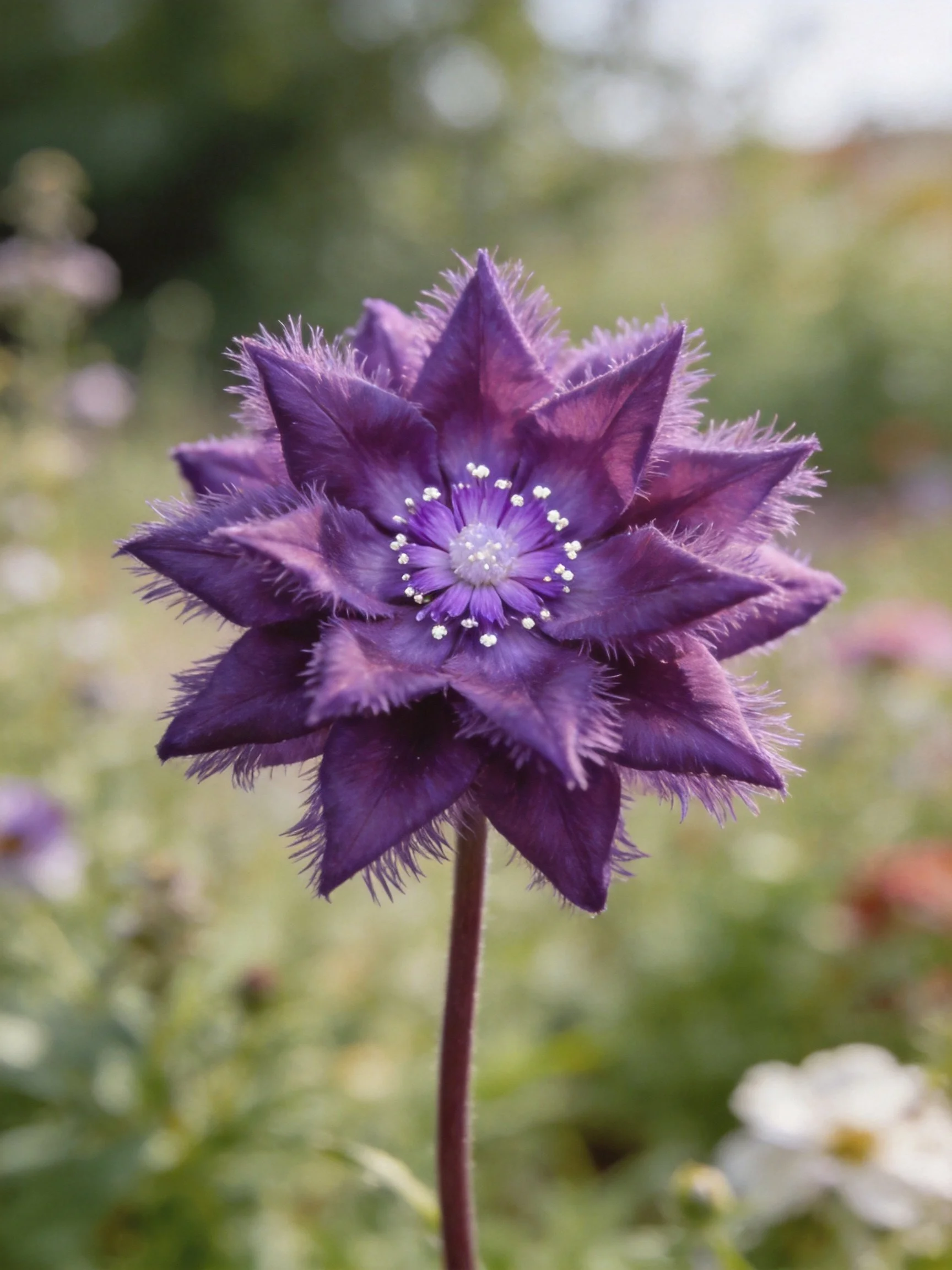 A rich purple flower with fuzzy, star-shaped petals