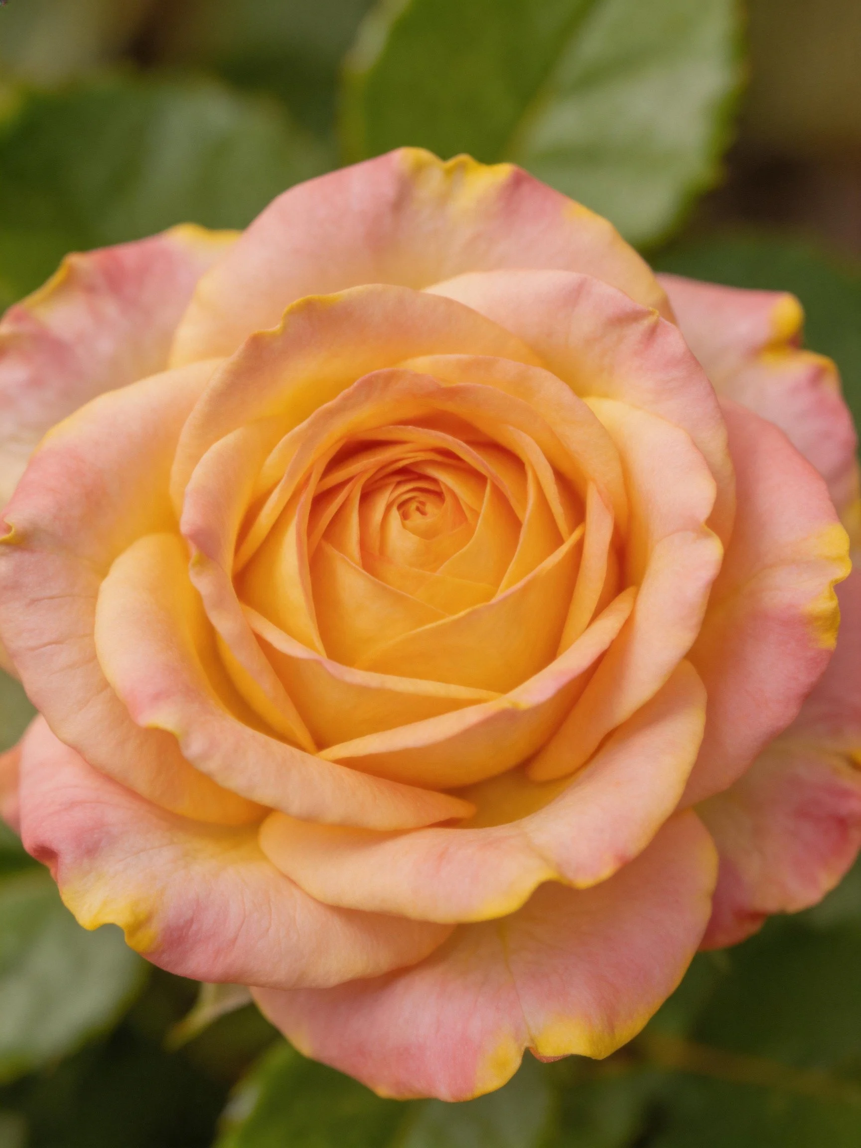A rose with orange, pink, and yellow gradient petals