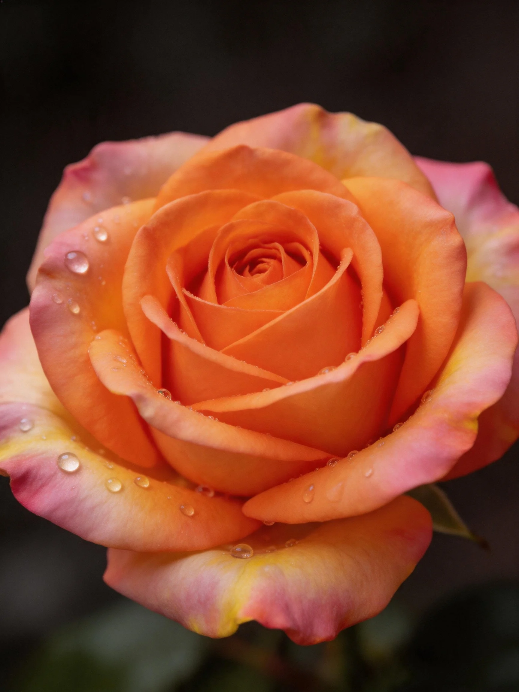 A rose with orange, pink, and yellow petals and water droplets