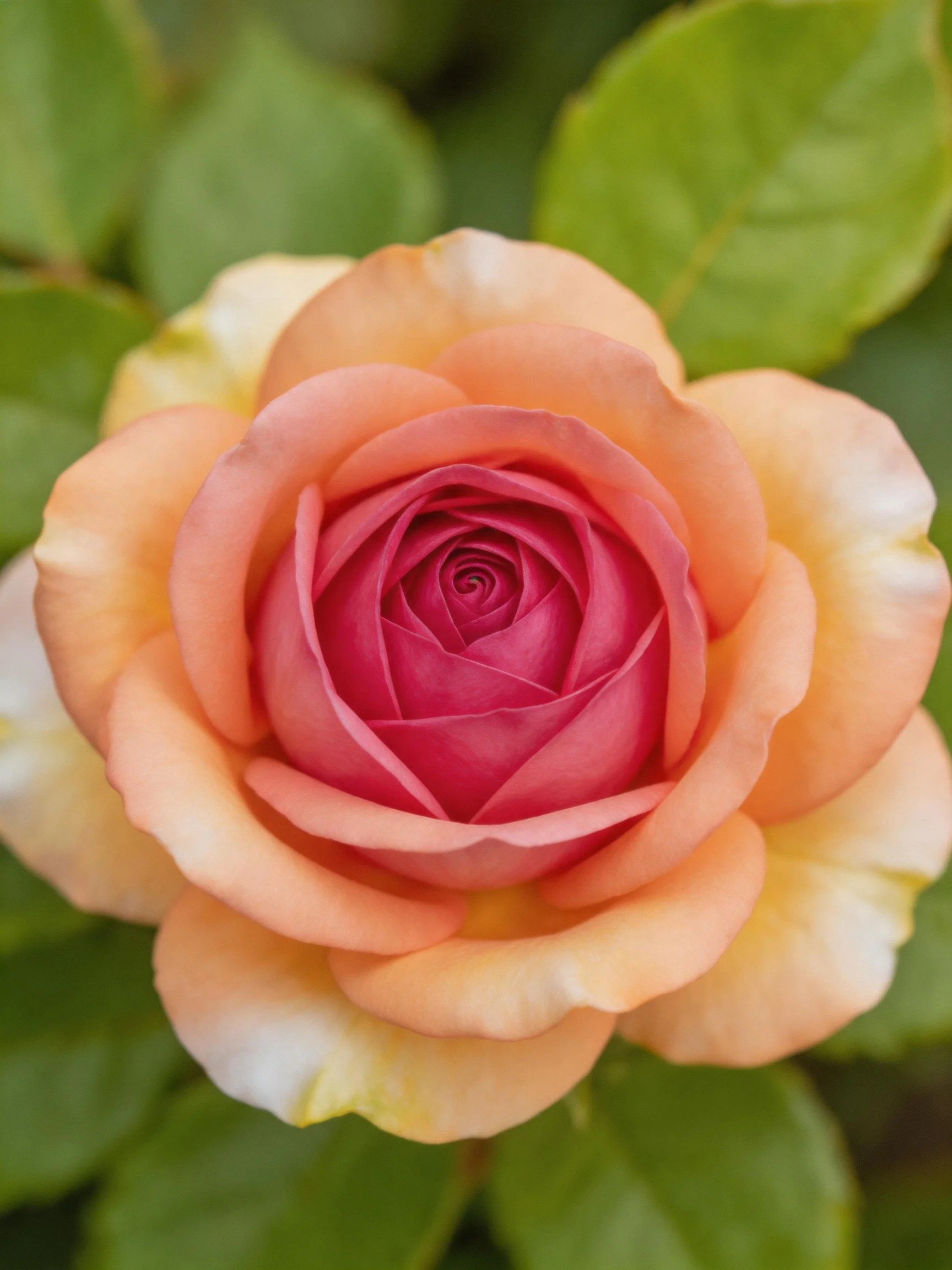 A rose with peach and pink petals among green leaves