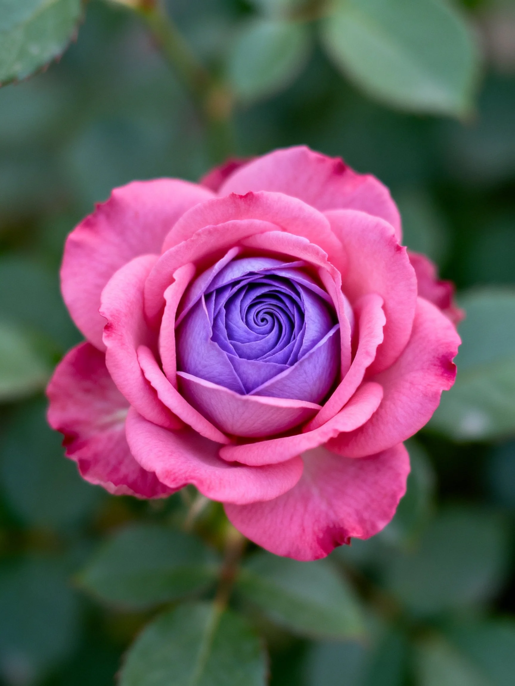 A rose with pink outer petals and purple center