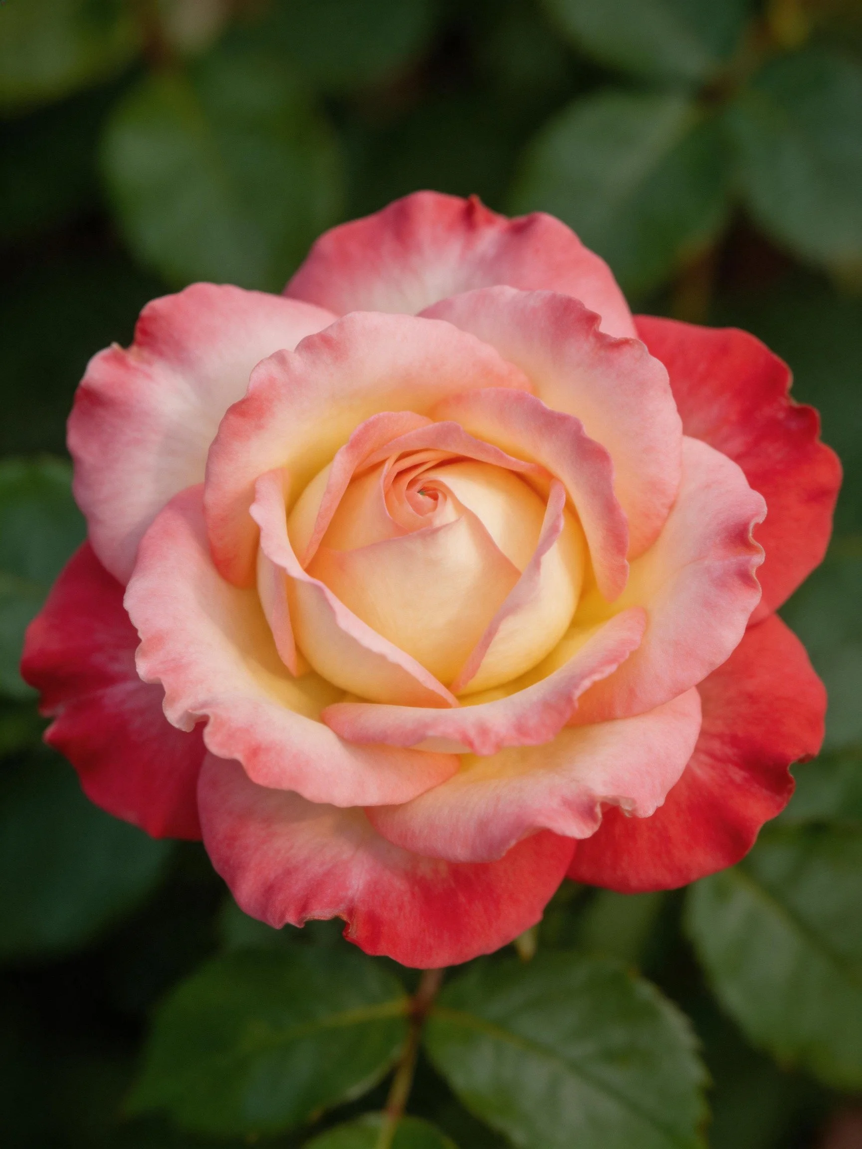 A rose with pink, red, and cream petals in layered arrangement