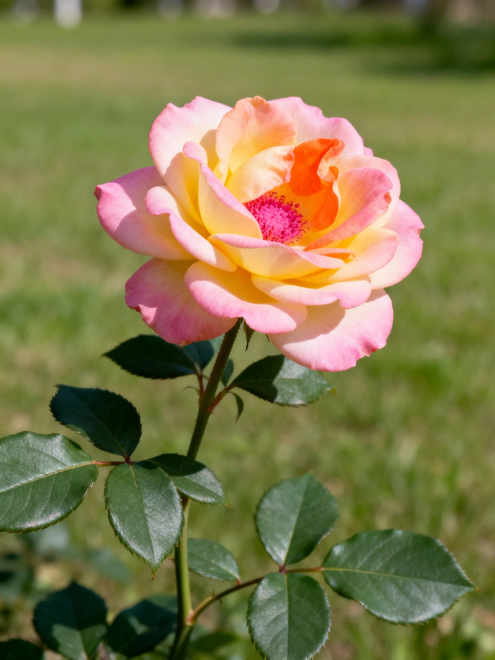 A rose with pink, yellow, and orange gradient petals
