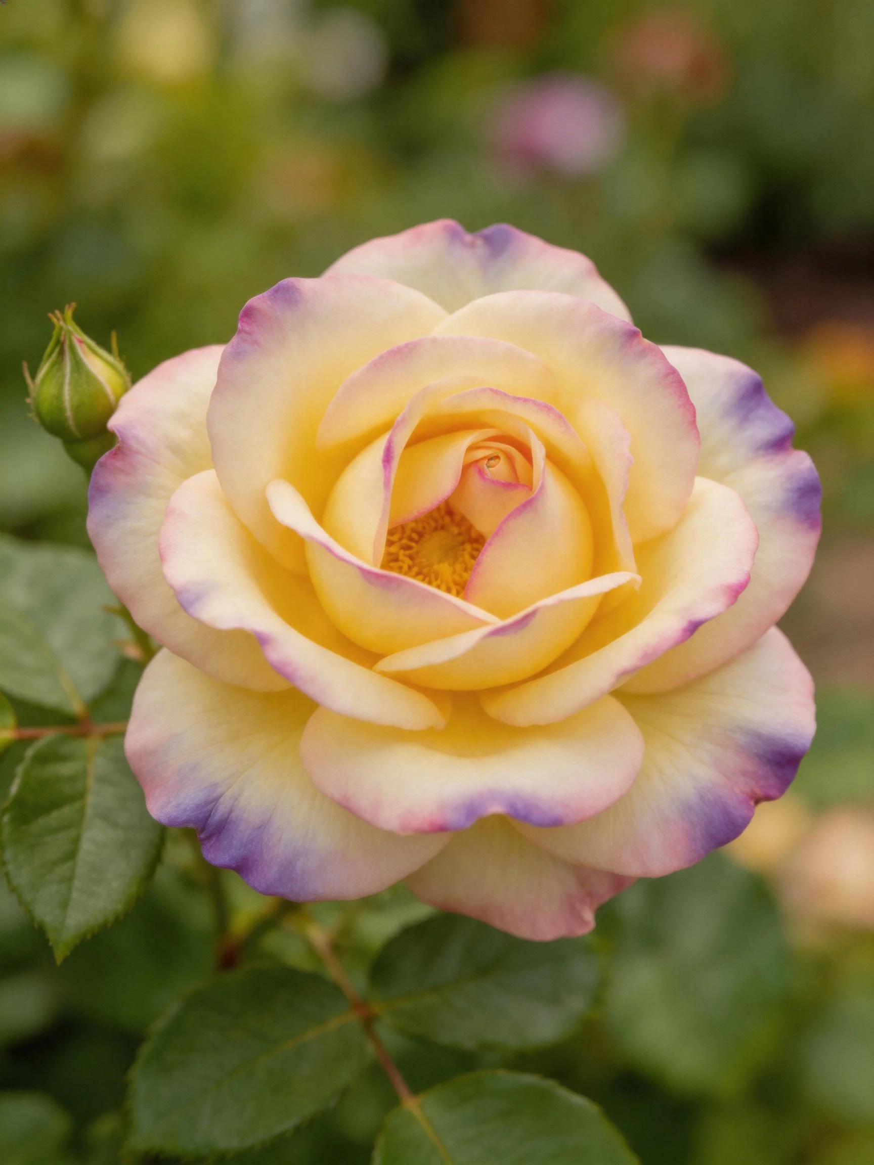 A rose with purple-edged petals and yellow center