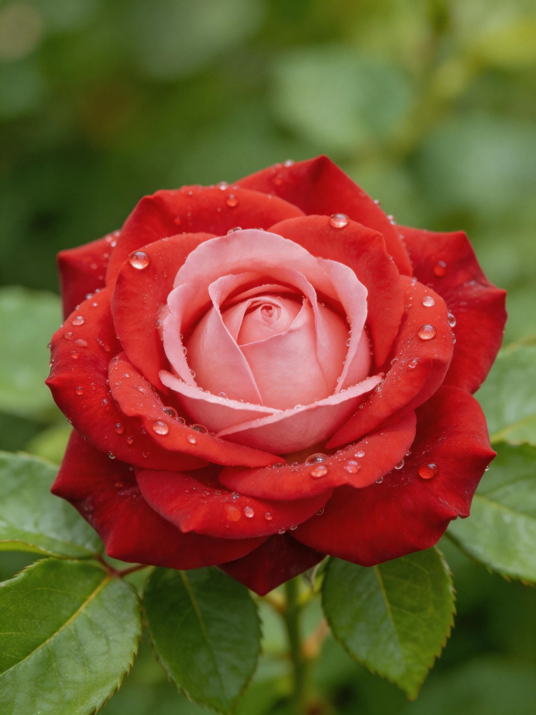 A rose with red and pink petals, adorned with water droplets