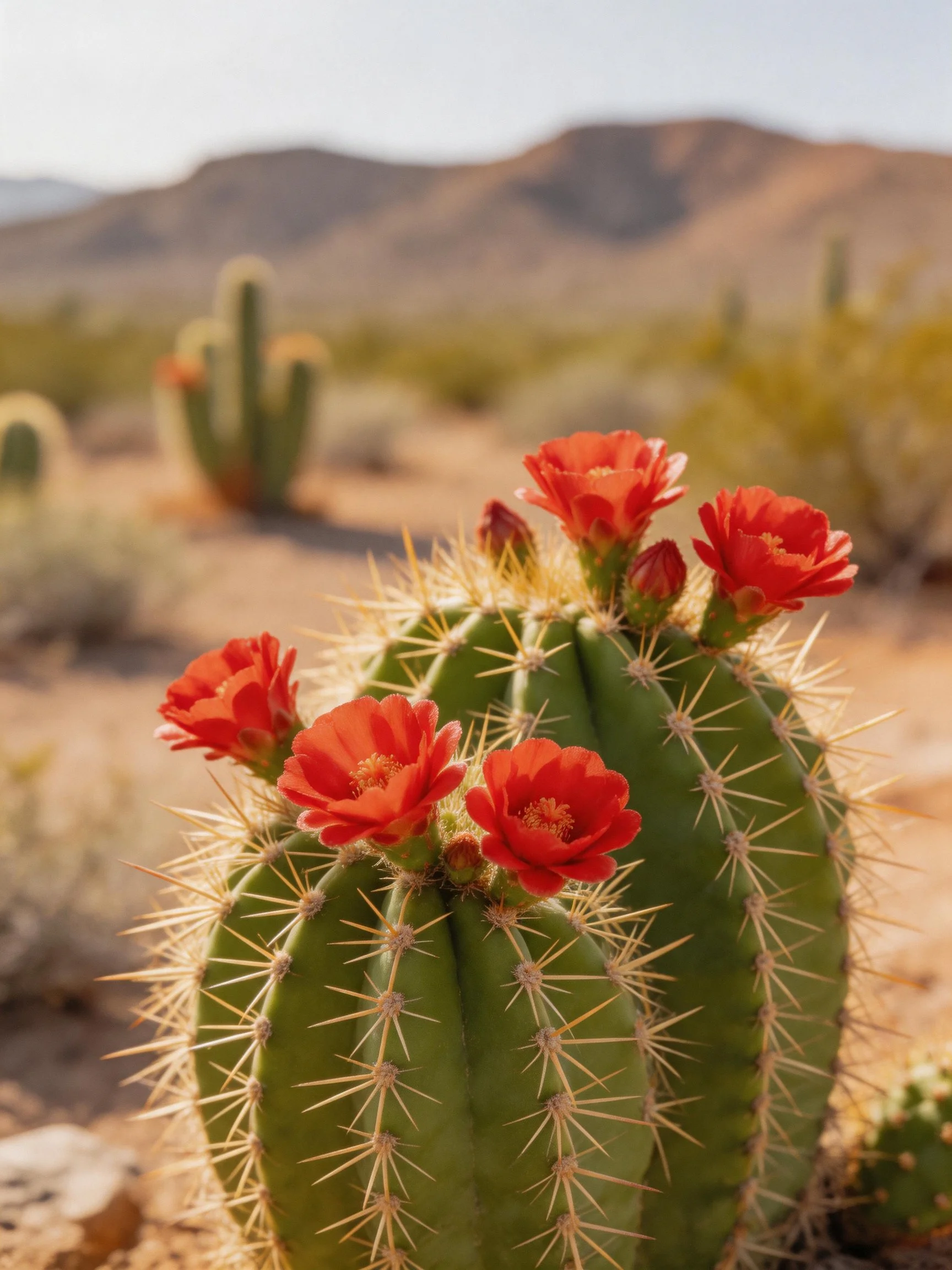 A round green cactus with five vibrant red flowers in a desert landscape