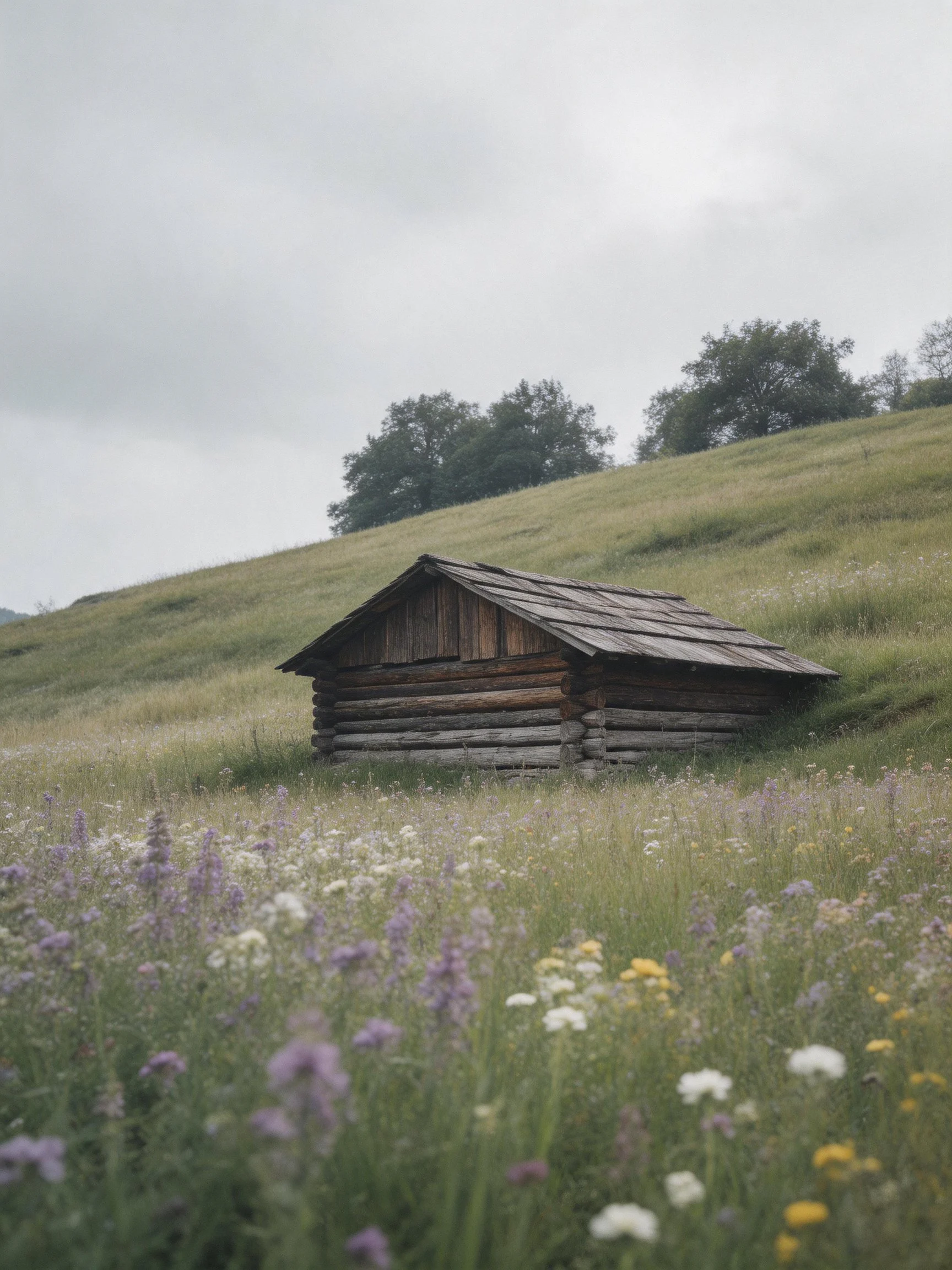 A rustic log cabin nestled in wildflower-filled meadows under cloudy skies