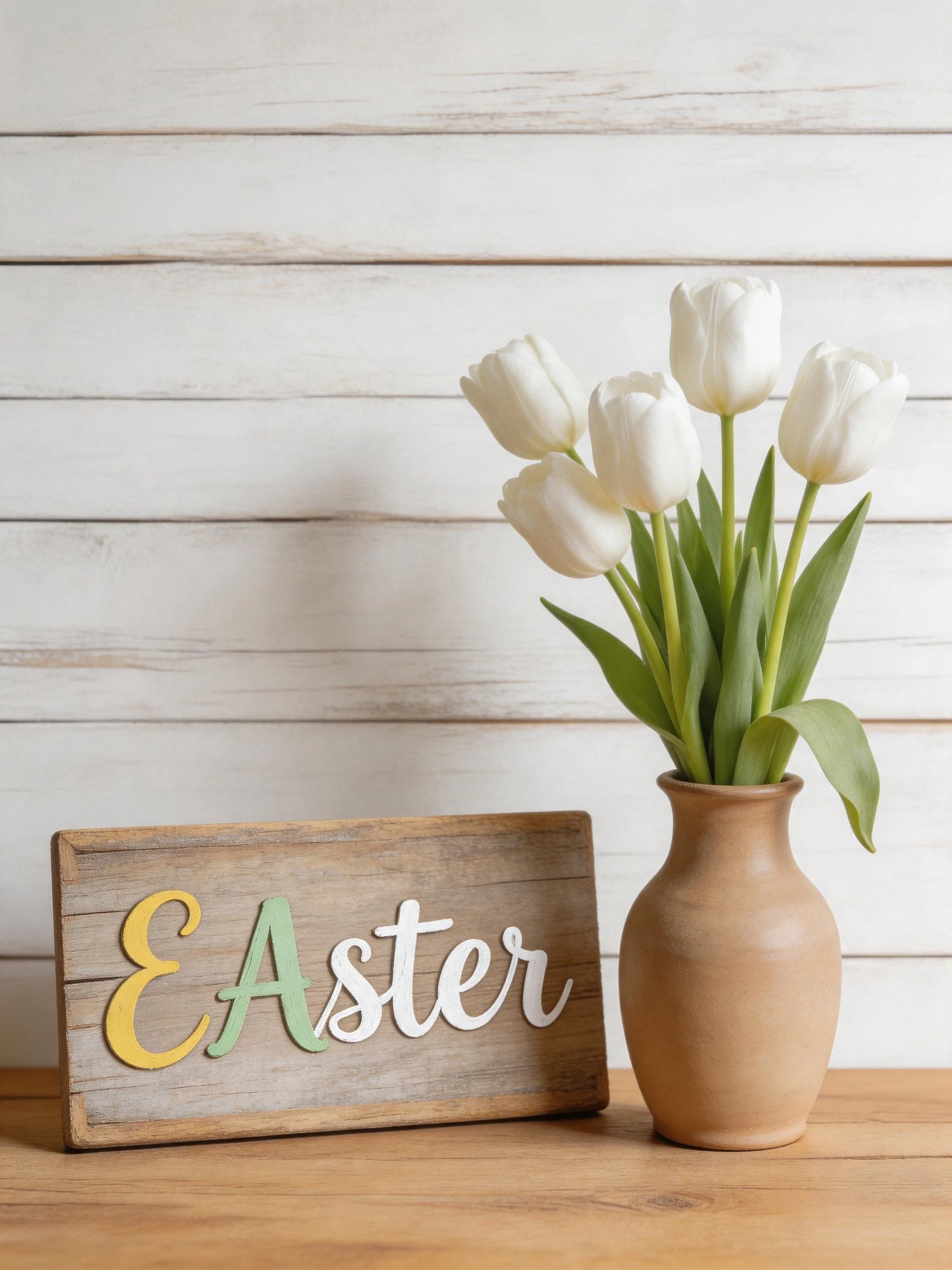 A rustic wooden Easter sign beside a vase of white tulips