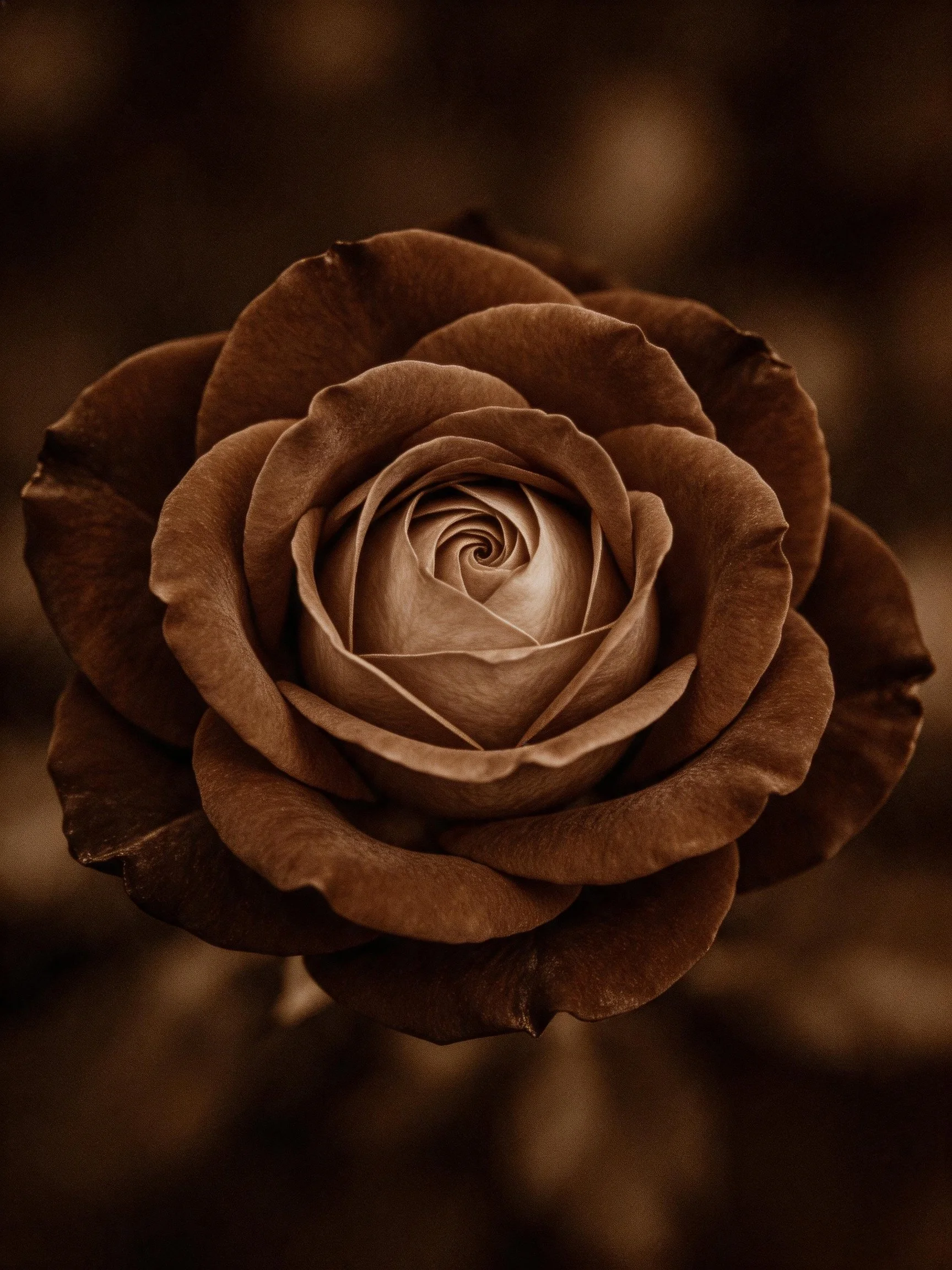 A sepia-toned rose with layered petals in earthy browns