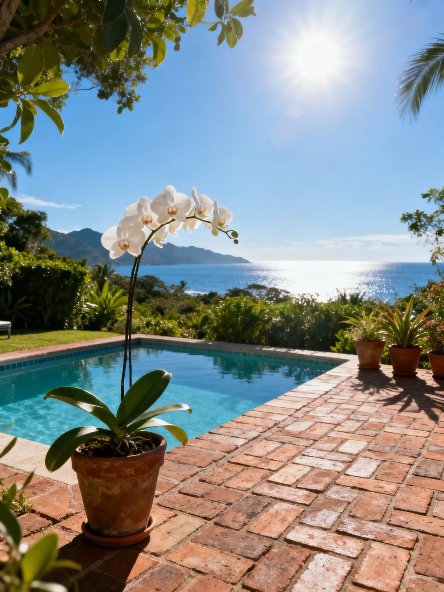 A serene backyard with a rectangular pool, white orchid, brick patio, and ocean view