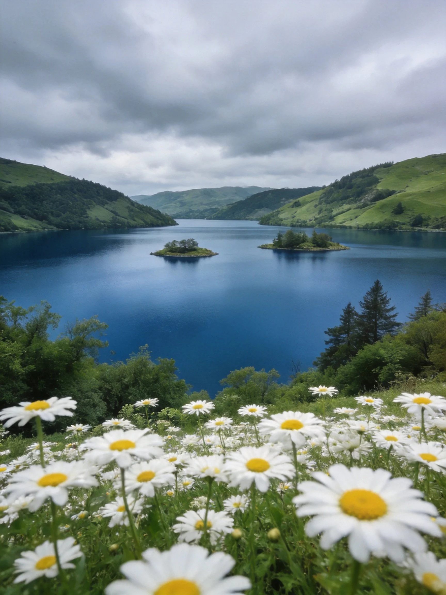 A serene lake with deep blue waters, lush green hills, and white daisies under cloudy skies