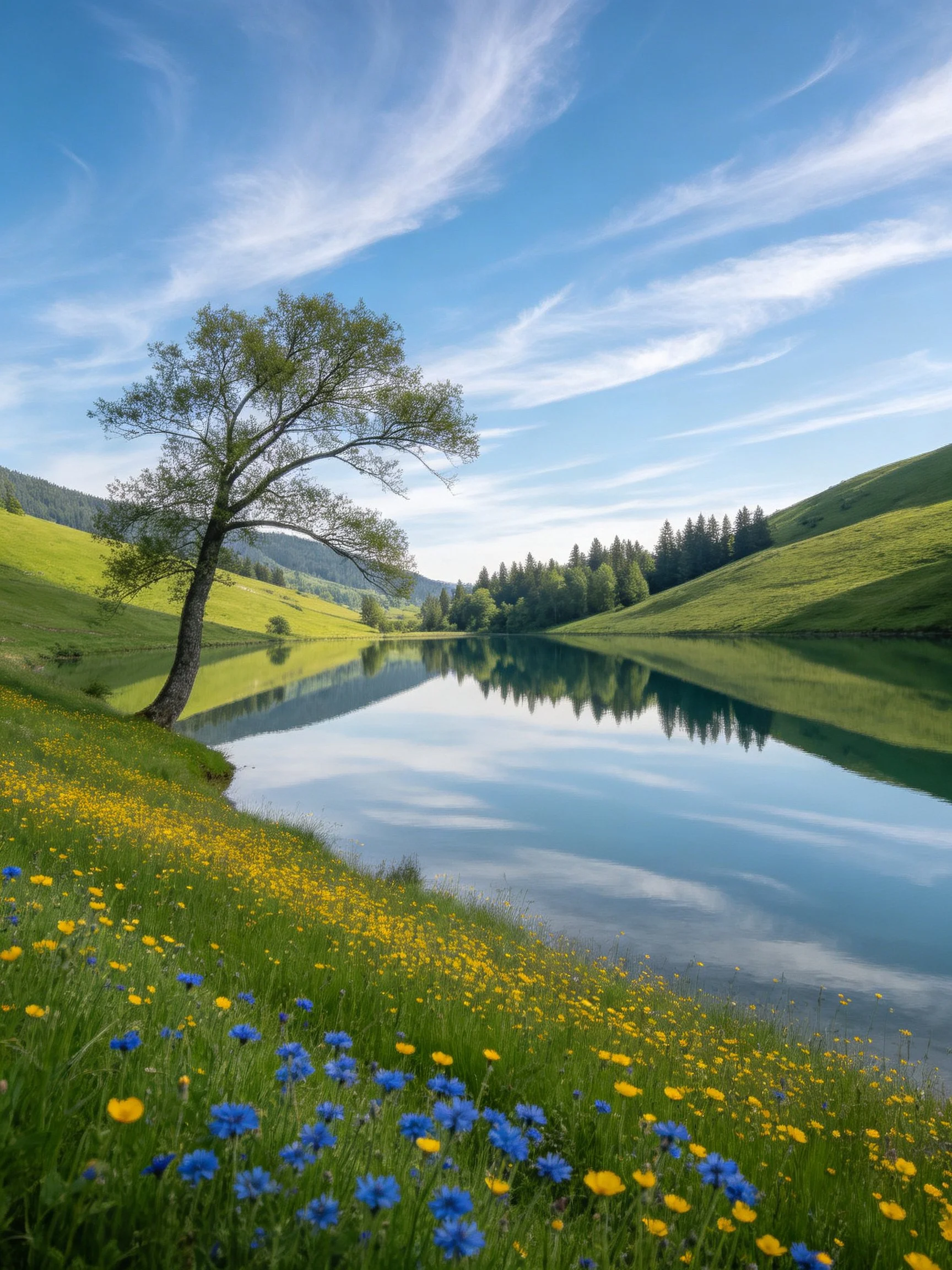 A serene lakeside with a lone tree, calm waters, and colorful wildflowers.