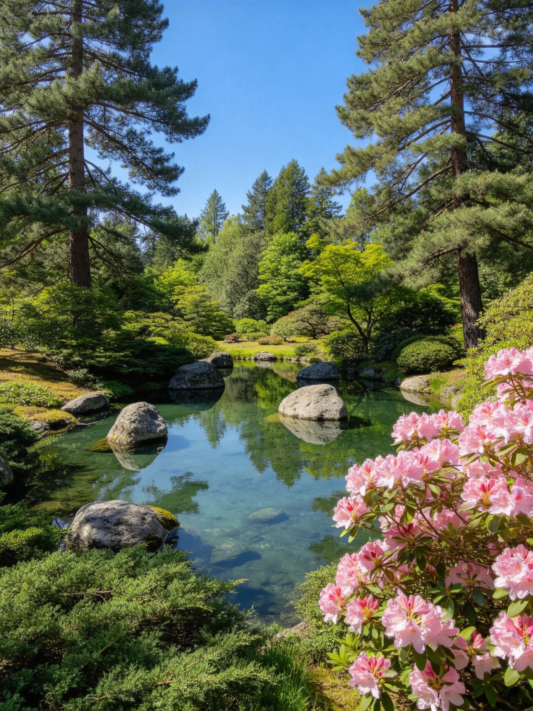 A serene pond with rocks, evergreen trees, and pink flowering bushes