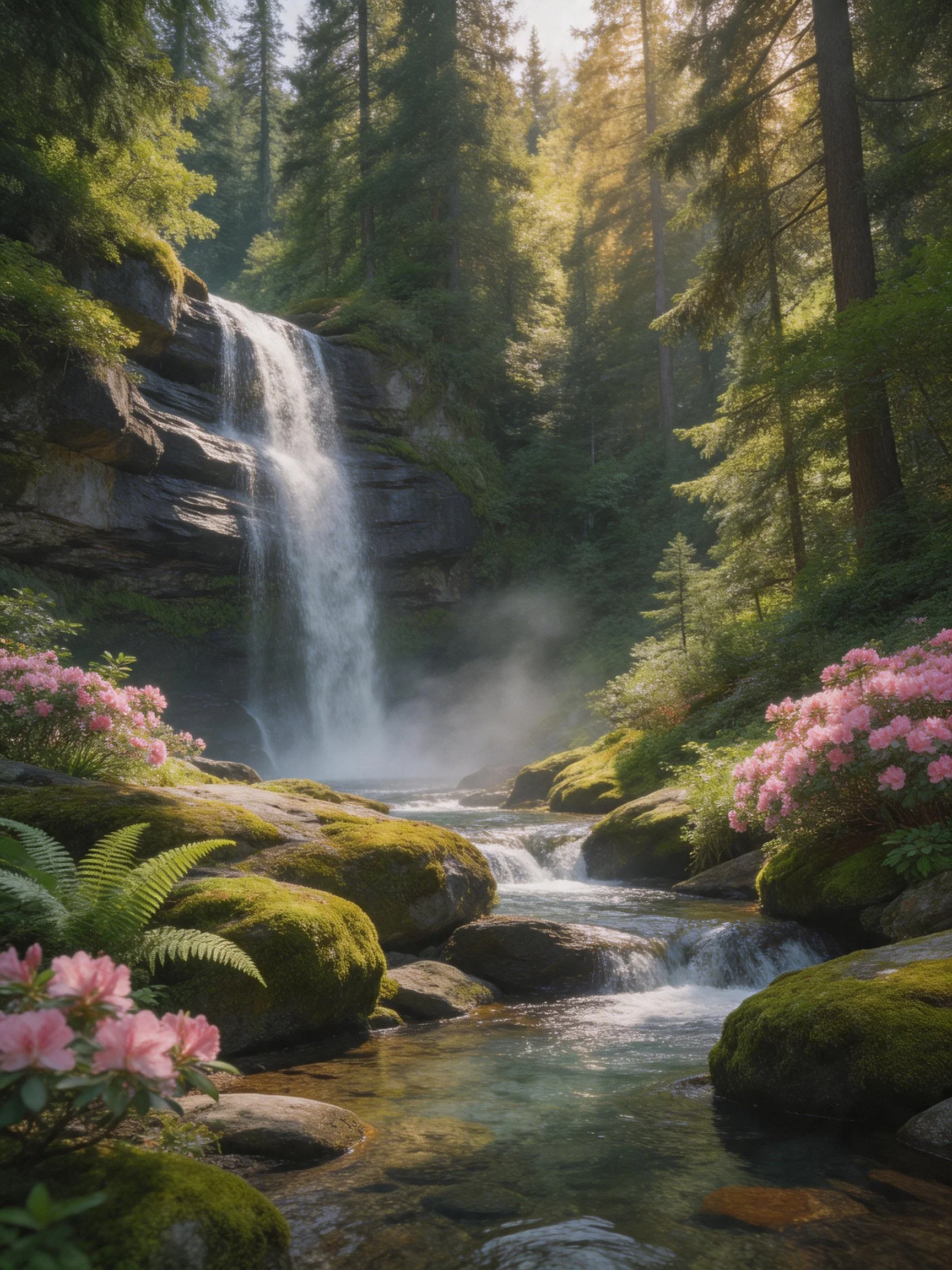 A serene waterfall cascades into a moss-covered stream amid lush greenery and pink blooms.